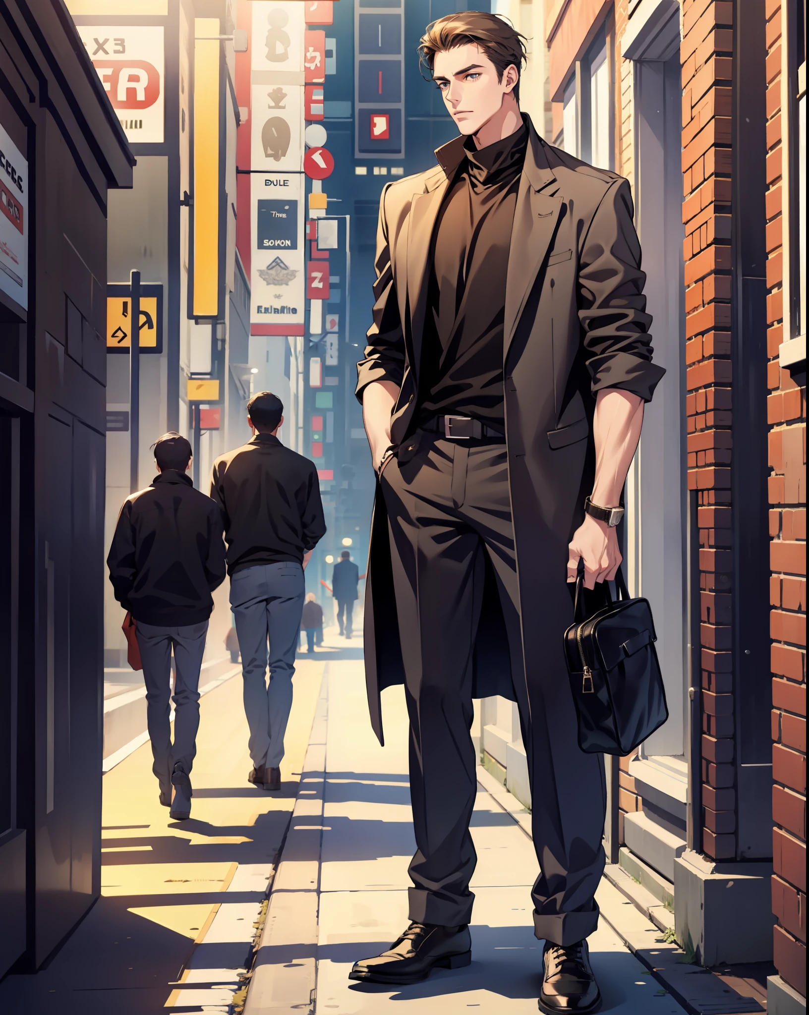 A very tall man next to a teenage guy