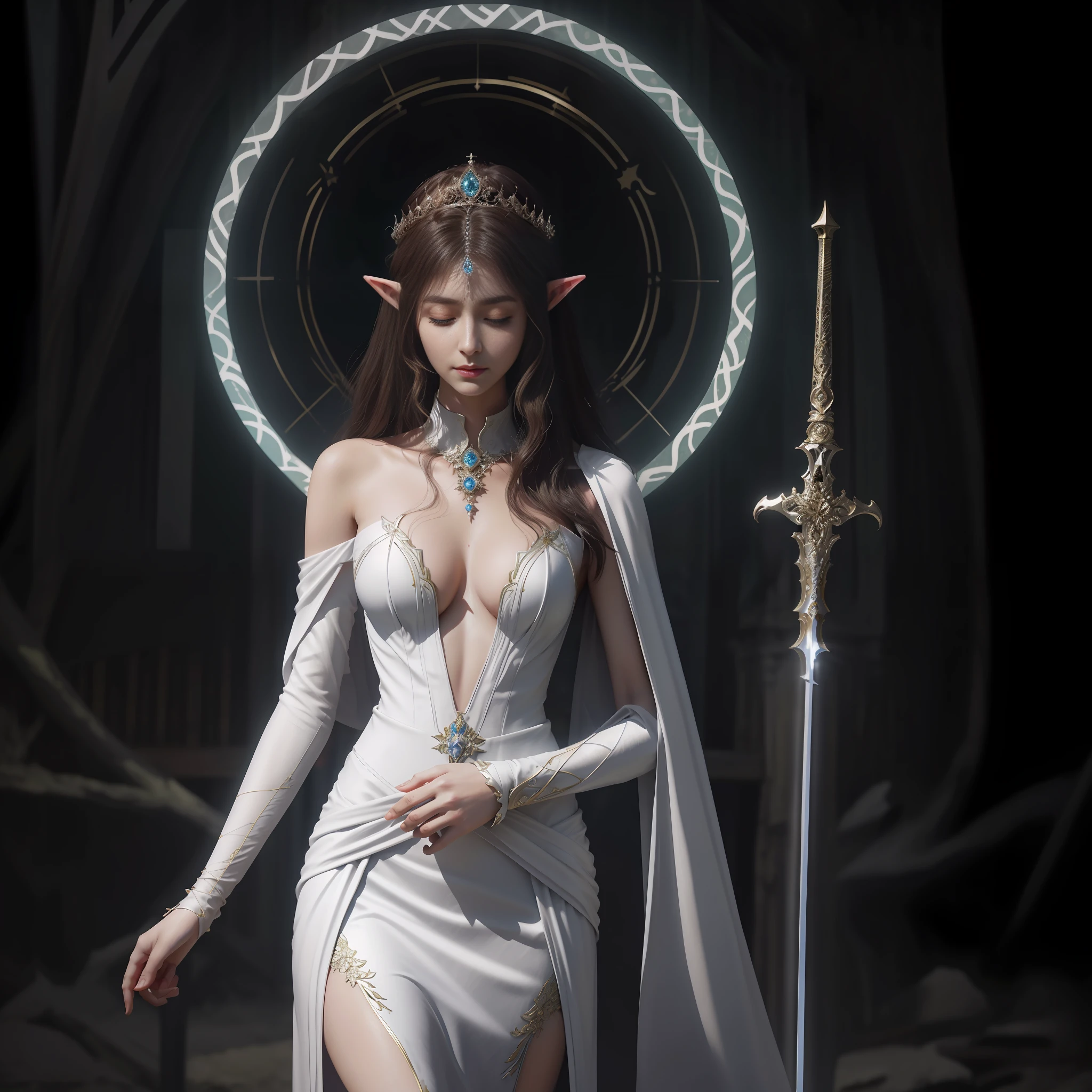 Arad woman in white dress, holding sword and shield, beautiful and elegant elf queen, beautiful and elegant female elf, stunning young ethereal body, ethereal fantasy, very beautiful elf top model, elegant movie fantasy art, beautiful elf with gorgeous robes, movie goddess shot, movie goddess body shot, seductive elf princess knight, elegant movie pose, eyes closed, mouth closed, (super big breast: 1.5), cleavage, (tall figure), (delicate face), (flying long hair),