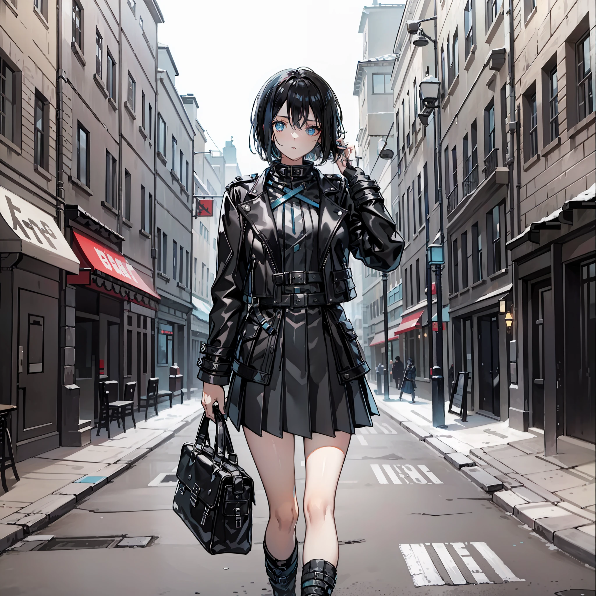 A woman with short stark-black hair, and blue eyes. She wears a black leather coat, and a pleated white skirt.