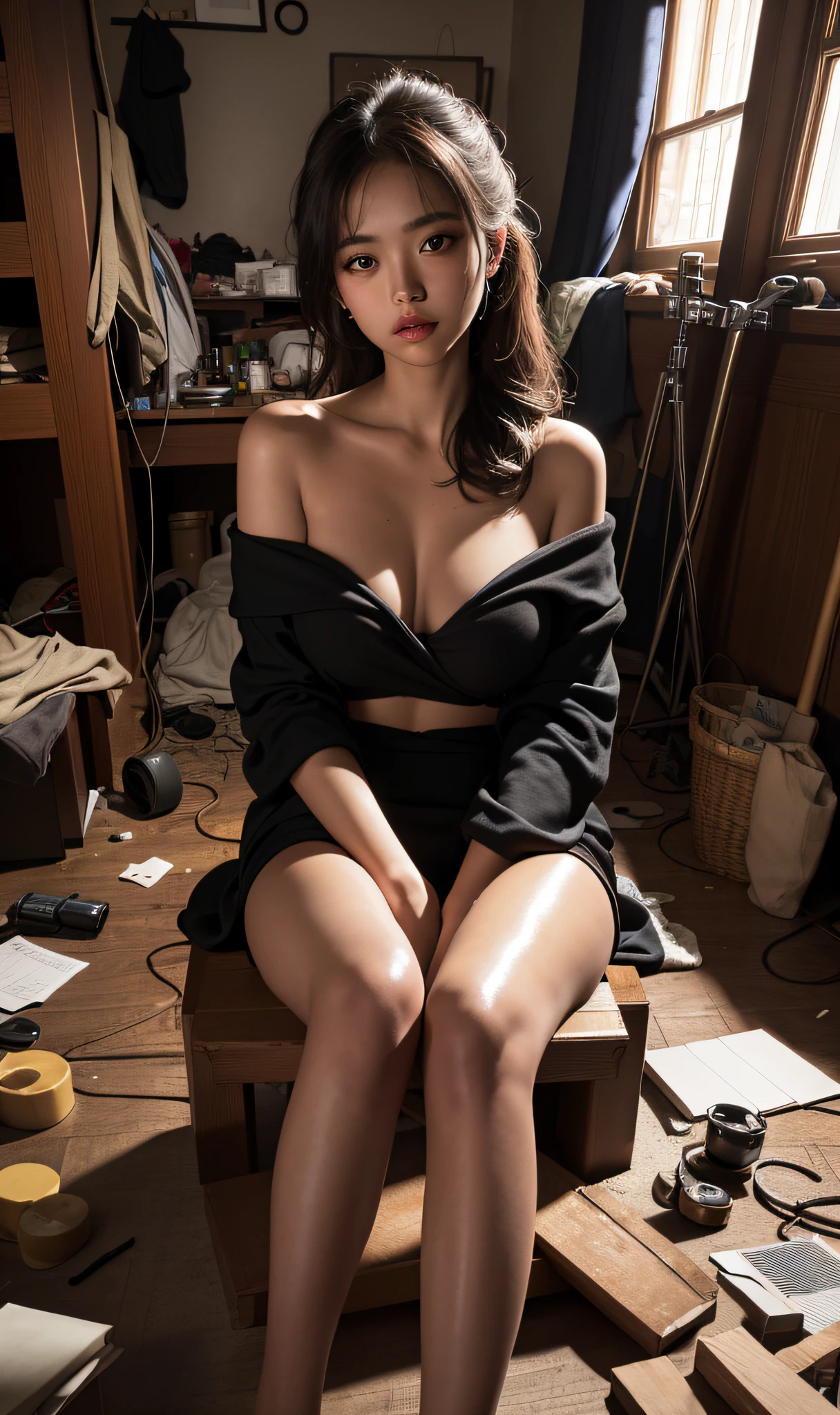 Best quality, masterpiece, ultra high res, (photorealistic:1.4),
1girl, offshoulder, deep shadow, shiny skin,messyroom, Sitting position,sitting on object,