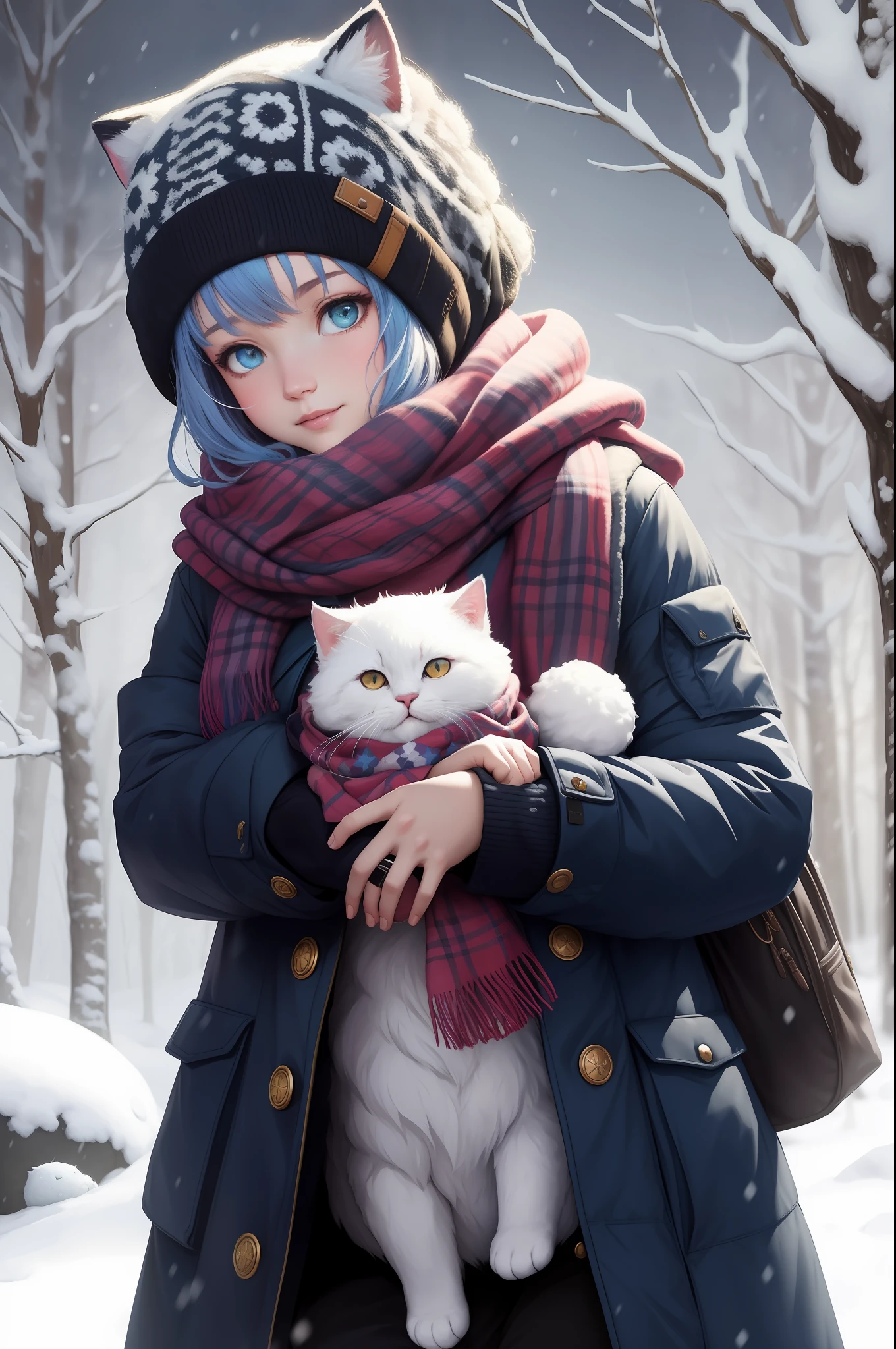 Style-NebMagic, Portrait of a fluffy, round baby cat with a scarf made of Style-SylvaMagic in the snow, by Ismail Inceoglu, Gazelli, James Jean, Anton Fadeev and Yoshitaka Amano, insanely detailed, 8k resolution, digital art, trends in season of arts, vibrant colors, chibi style, a masterpiece, adorable and friendly