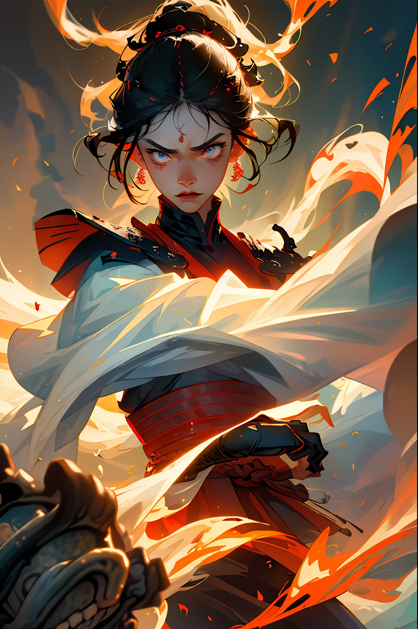 (best quality, masterpiece), 1boy, samurai, particle, wind, pose, upper body, impending attack, rage, flame in the hands, villain