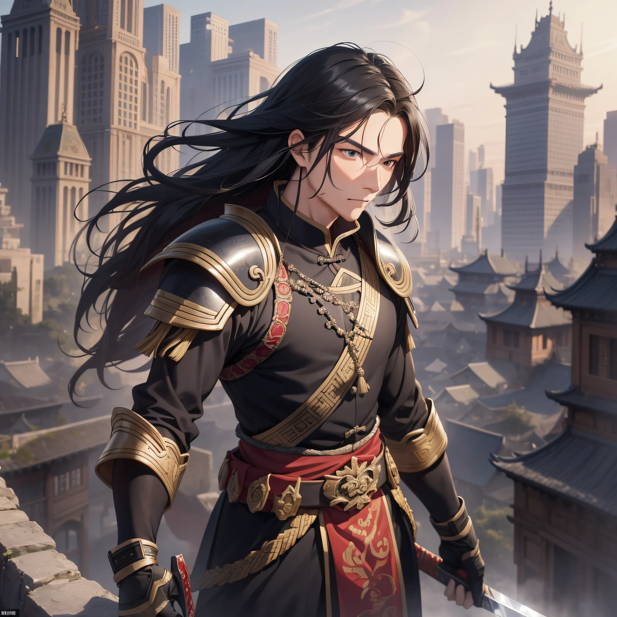 Absurd resolution, high resolution, (masterpiece: 1.4), hyper-detail, ancient Chinese, black long-haired young man standing on a city wall looking from a high place to a low place (1.3) (a perspective of looking from a high place looking at a low place 1.5), a serious expression 1.5, a warrior wearing ancient Chinese armor, wielding a sword, blood, fighting, standing on an ancient city wall (1.3), dusk, fire (man 1.5)