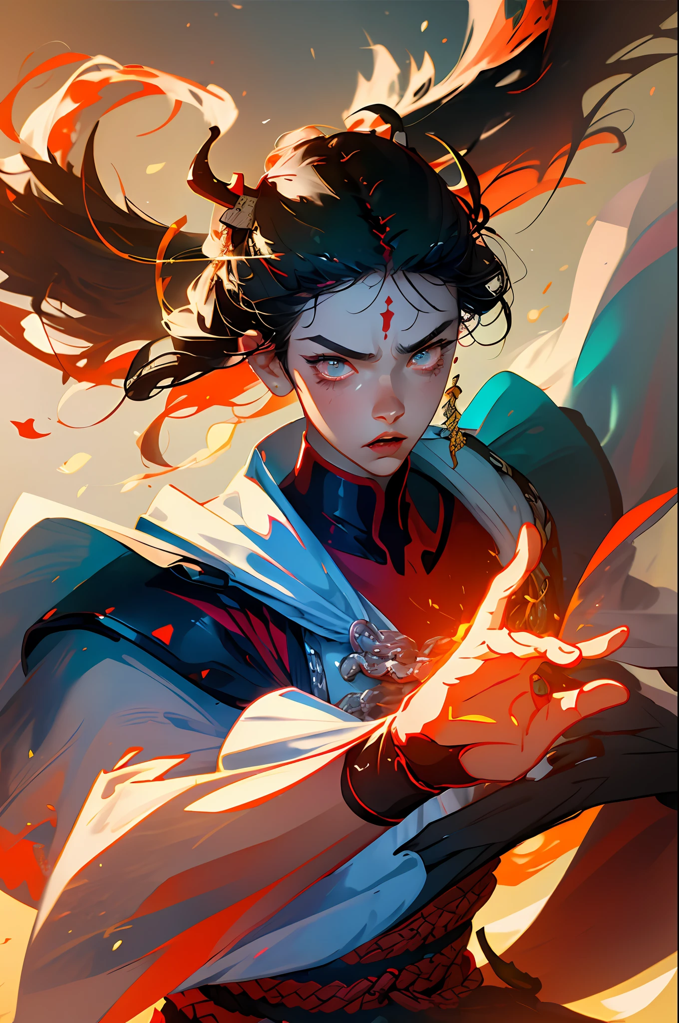 (best quality, masterpiece), 1boy, samurai, particle, wind, pose, upper body, impending attack, rage, flame in the hands, villain
