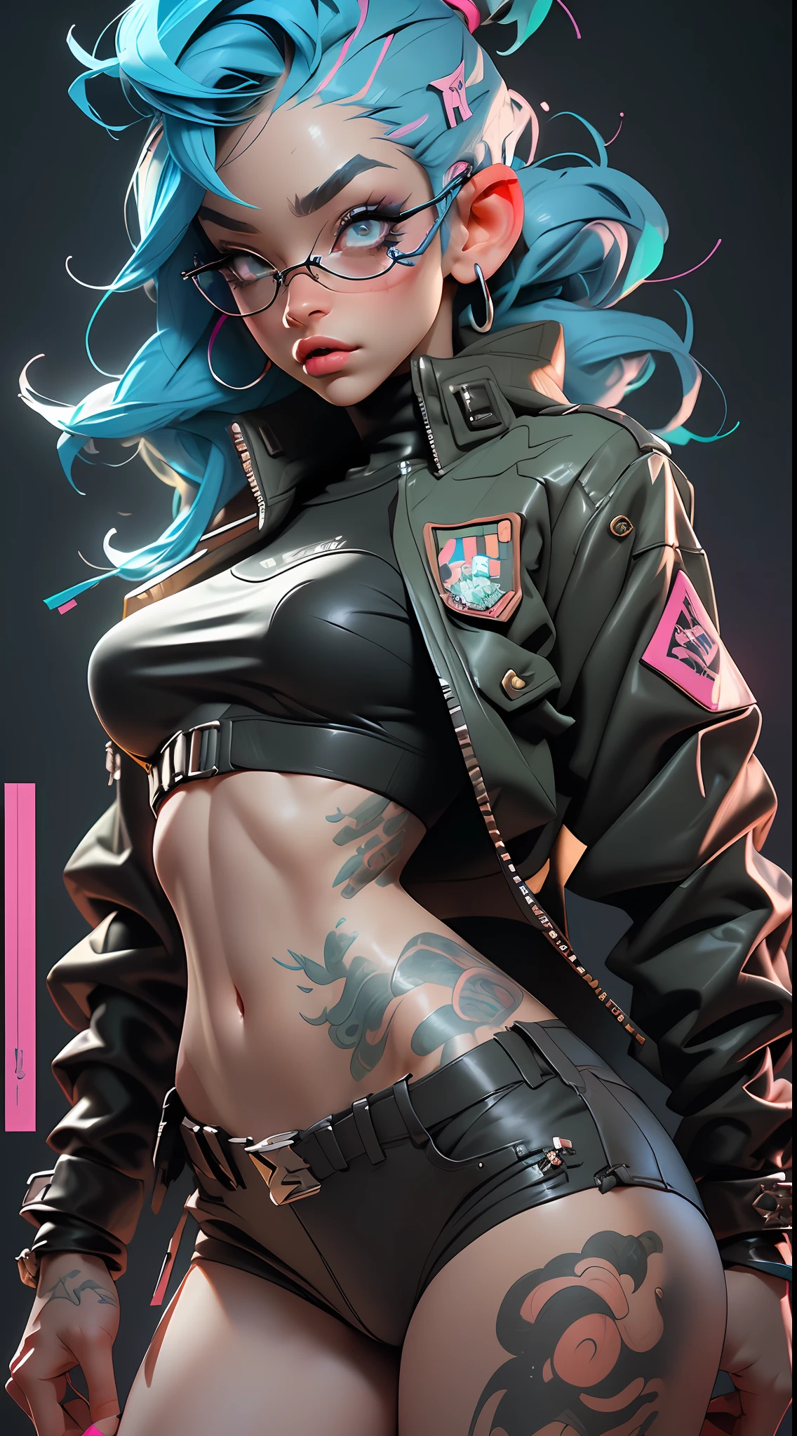 ((Best Quality)), ((Masterpiece)), ((Realistic)) and ultra-detailed photography of a 1nerdy girl with goth and neon colors. She has ((blue hair)), wears a army jacket and exudes a vibe ((beautiful and aesthetic)), sexy, underboobs, hot