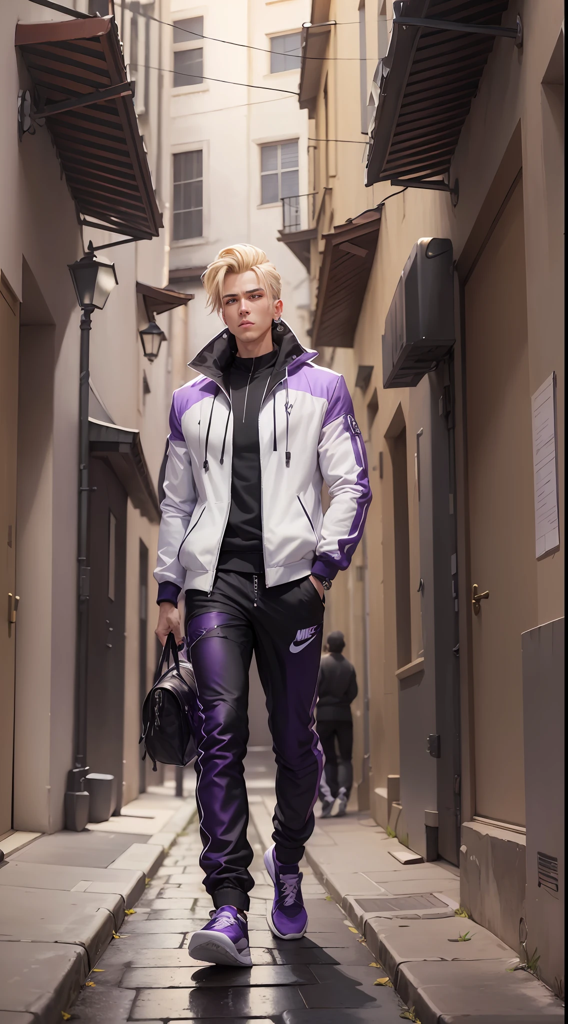 (a masterpiece), the best quality, ultra-detailed, unity 8k CG wallpaper of extreme precision, the best lighting and shadow, medium black and blonde haired man standing alone in an alley, (white jacket) - (black street pants) - (nike jordan purple sneakers) with a bag in hand. tonalidadd azuies. --auto --s2