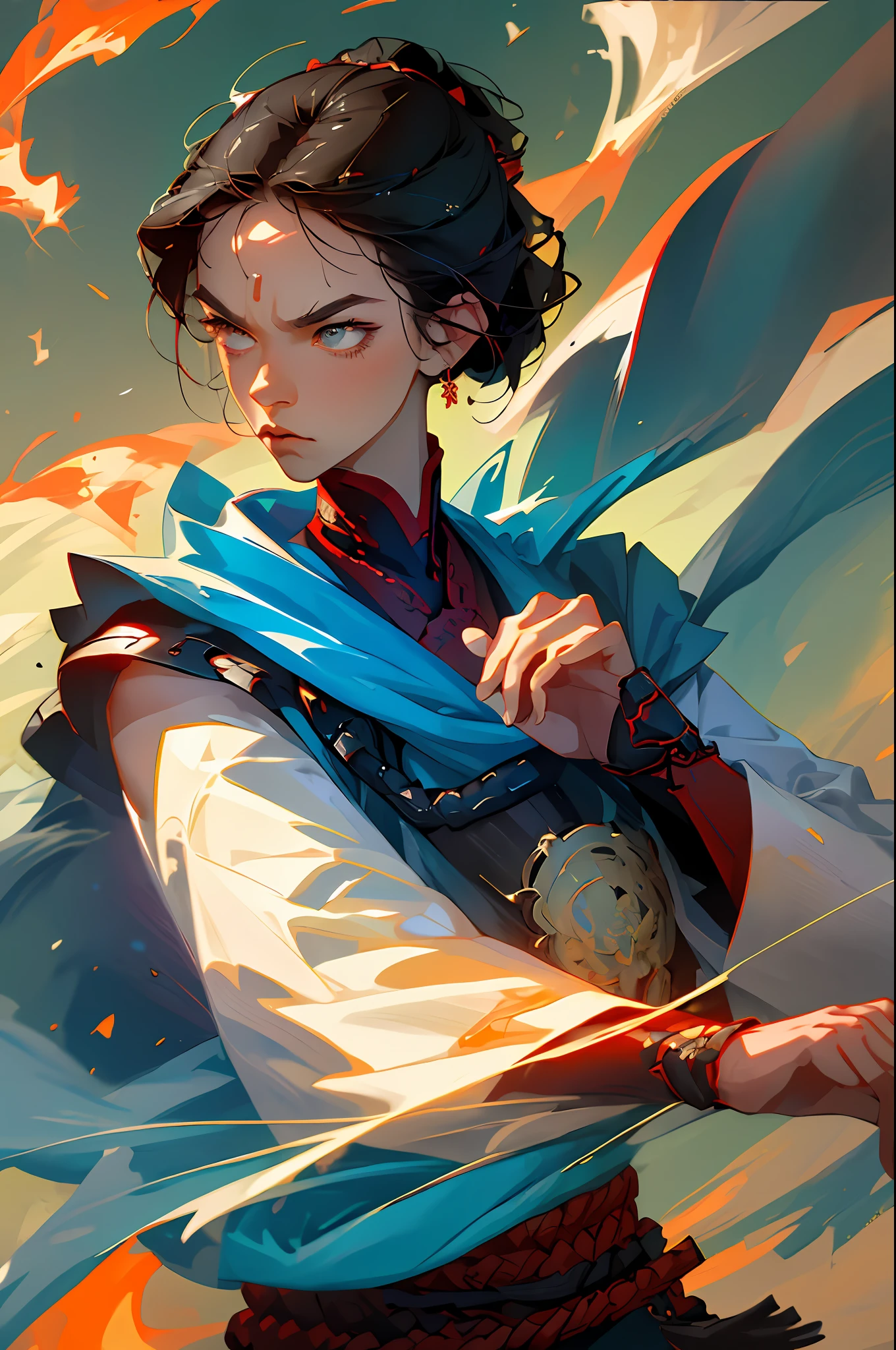 (best quality, masterpiece), 1boy, boy, man, samurai, particle, wind, pose, upper body, impending attack, anger, flame