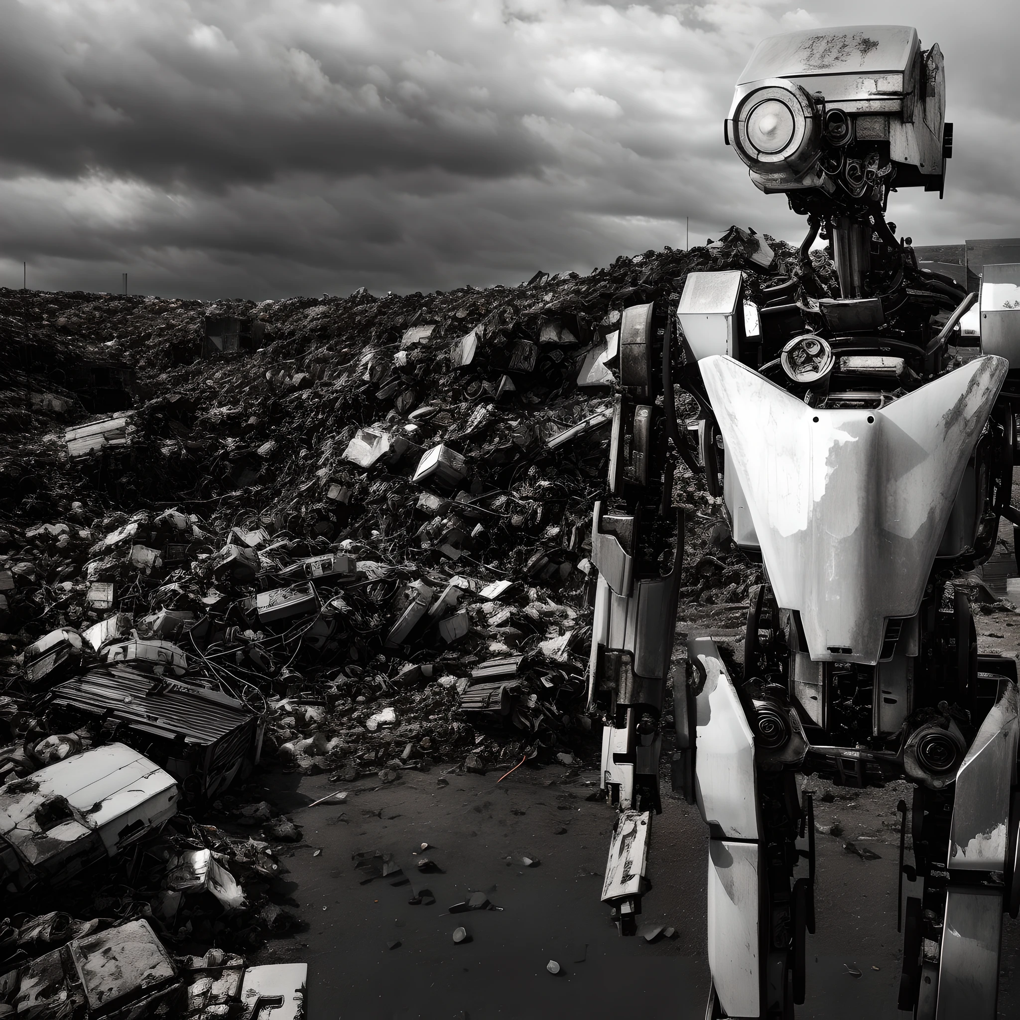 arafed robot sitting in a pile of robotic garbage in a robot dump, sad robot, destroyed robots, black and white robot photography, sebastião salgado photograph, discarded mecha in the background, robot destruction, portrait of a sad robot, cyberpunk robot, robot portrait, ((robot)), portrait of an android, dystopian digital art, ( ( cyborgs robot ) ),  Portrait of a mecha, award-winning photograph, blurred background