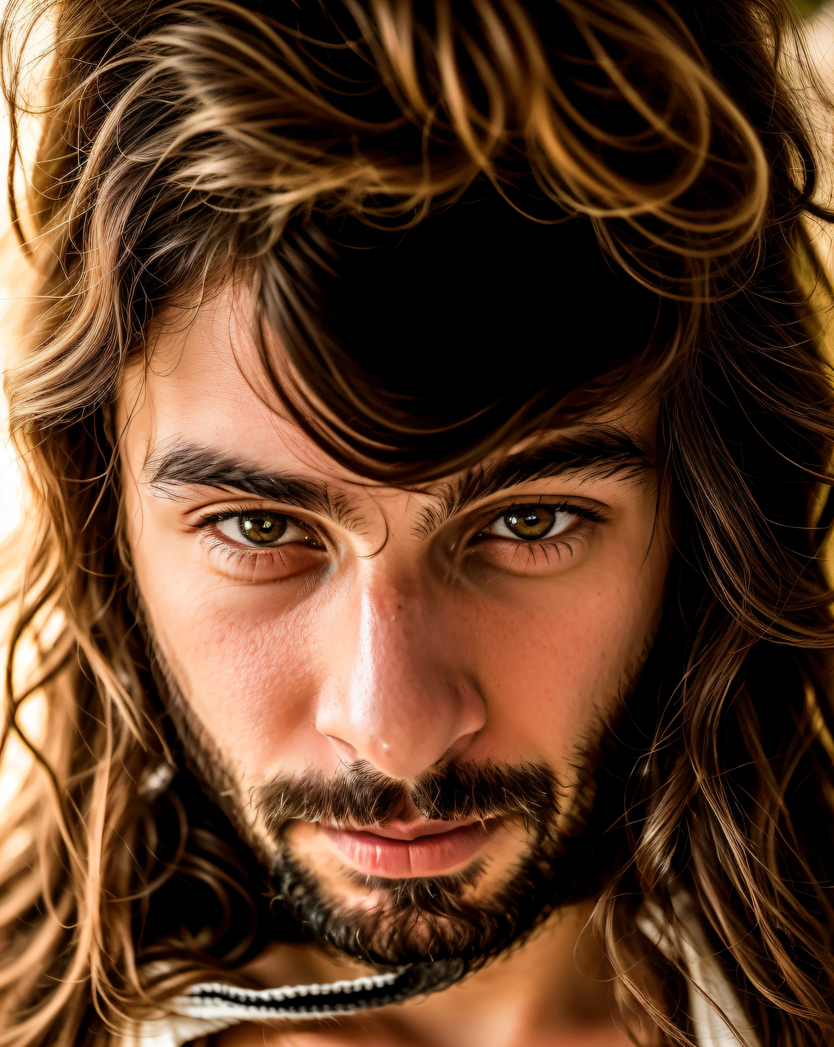 There is a man with long hair and beard looking at the camera, 8K selfie photography, with haunted eyes and dark hair, looking intensely at the camera, intense look in the eyes, with eager piercing eyes, with long hair and piercing eyes, his eyes are red and bright