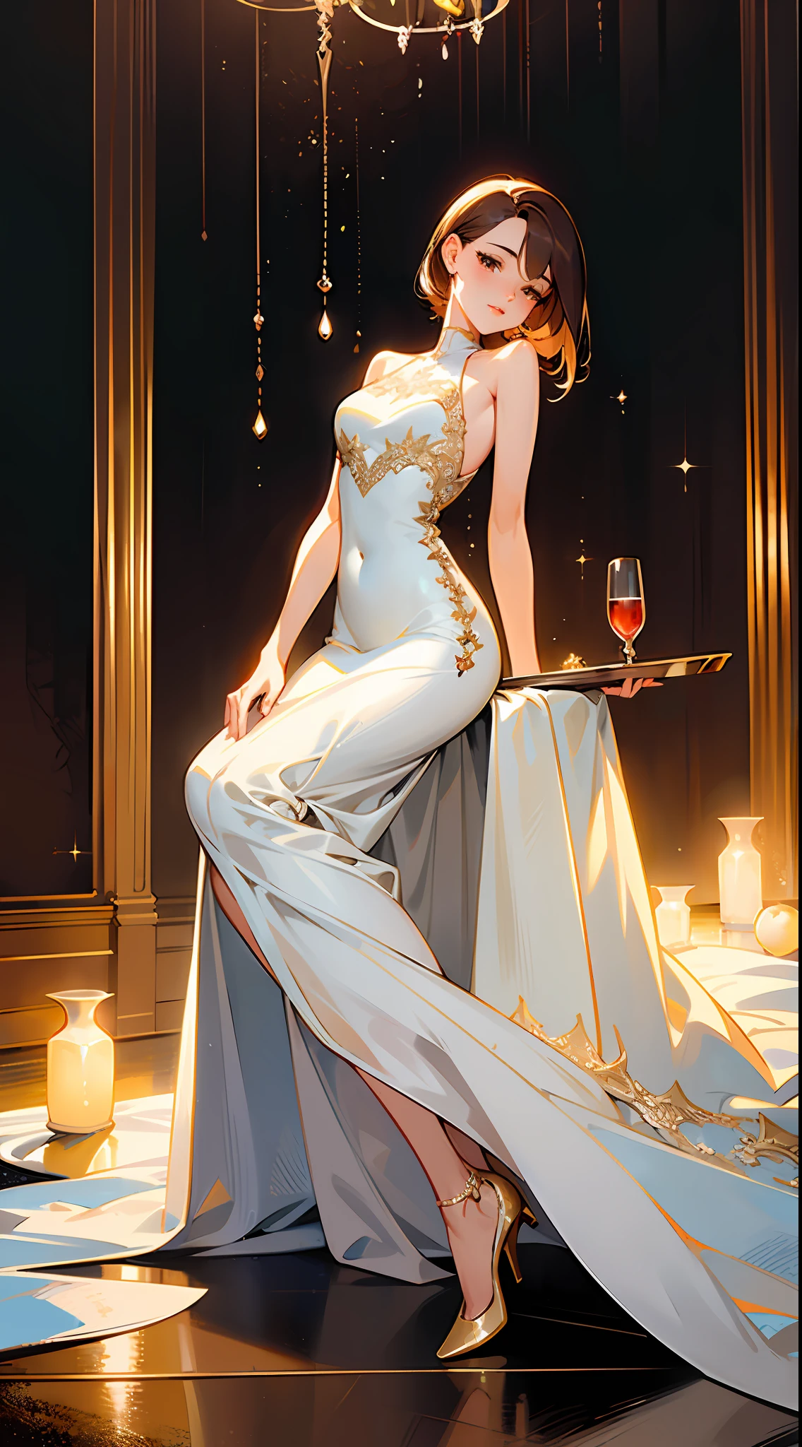 ((masterpiece,ultra-detailed, intricate details, best quality,illustration)),1girl, solo, brown hair, white dress, glass, restaurant, night, indoor, luxury, elegant, sophisticated, classy, fashionable, chic, attractive, gorgeous, stunning, charming, cute, charming, beautiful, delicate face, beautiful and delicate eyes, soft expression, full lips, slender body, curvy, hourglass figure, medium bust, slender arms, graceful hands, slender fingers, delicate wrists, elegant neck, bare shoulders, smooth skin, slender waist, flowing skirt, intricate lace pattern, translucent fabric, Long skirt, elegant heels, intricate design, white color scheme, subtle shadows, dim lighting, warm colors, wooden furniture, comfortable seats, smooth tables, crystal glassware, condensation on glass, wine, drinks, drinks, refreshing, fragrant, sparkling, crisp, effervescent, mouthwatering, fresh atmosphere, relaxing, peaceful, serene, serene, soothing, cozy atmosphere, complex background music, live jazz performance, subtle sounds, soft murmurs, ambient noise, Artistic composition, visual impact, harmonious color scheme, balanced composition, professional execution