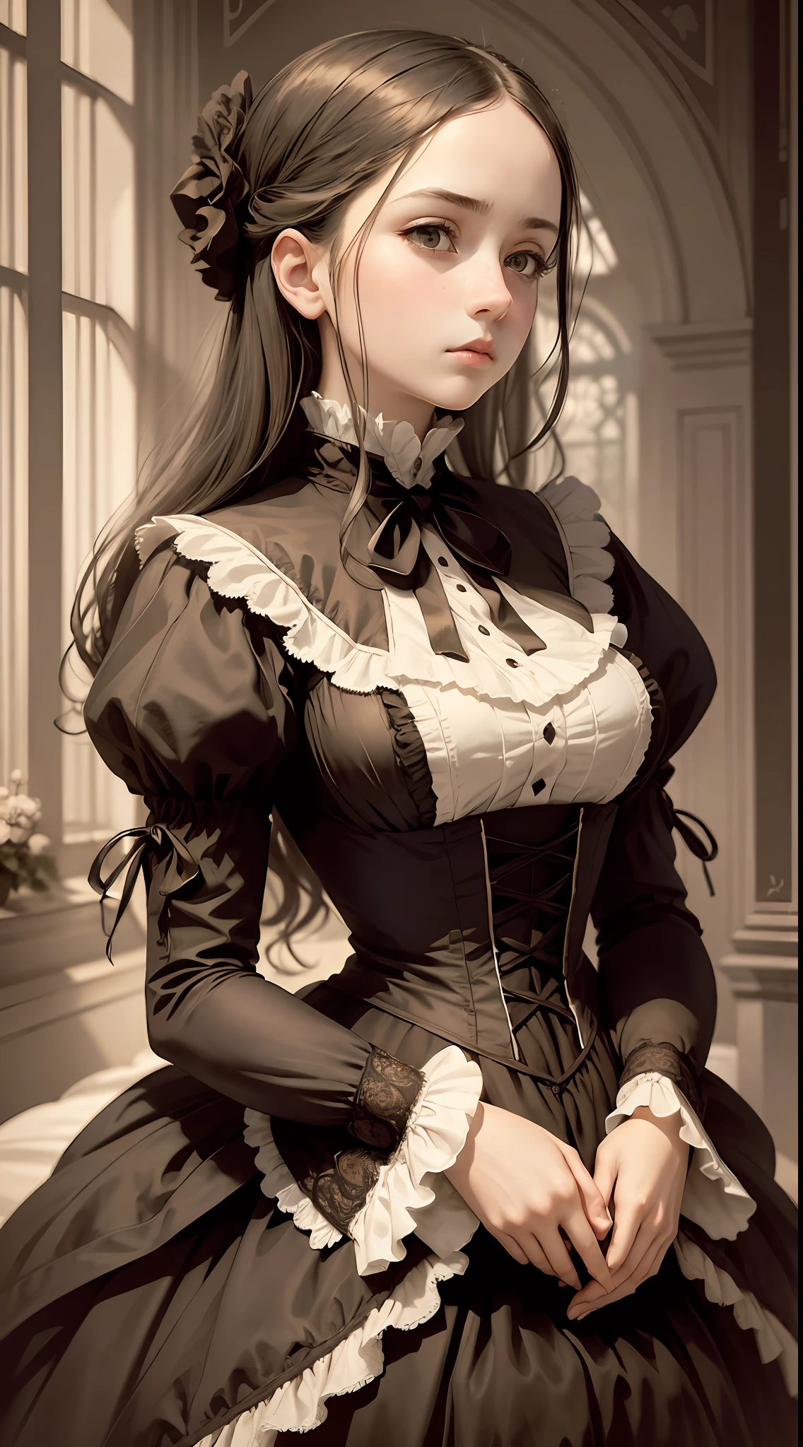 (Pure Color: 0.9), (Color: 1.1), (Masterpiece: 1,2), Best Quality, Masterpiece, High Resolution, Original, Highly Detailed Wallpaper, Beauty, Victorian, Dress, Sad, Small Face, Big Breasts, Sepia --auto --s2