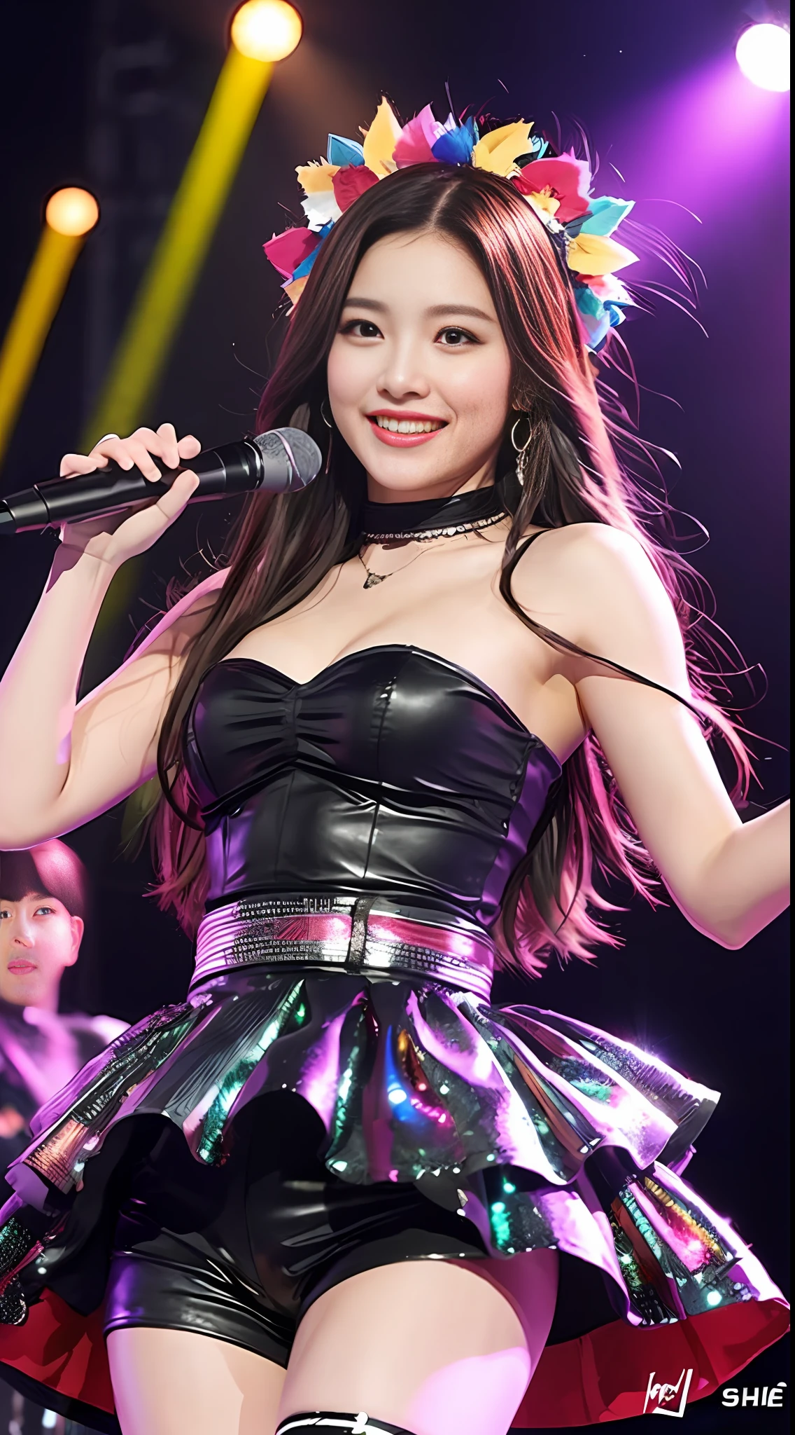 realistic, photorealistic, masterpiece, highest quality, girl alone, on stage, stage lighting, stage spotlight, viewer's gaze, smile, idol singing costume, light version,