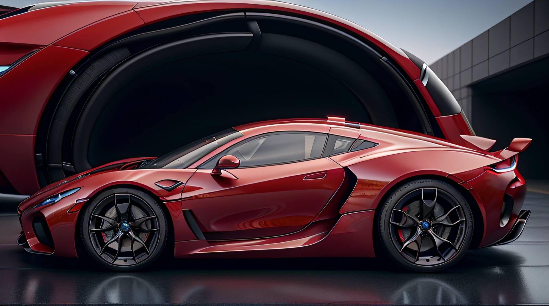 a close up of a red sports car parked in a parking lot, a 3D render inspired by James Gurney, trending on cgsociety, futurism, concept car, futuristic cars, futuristic vehicles, futuristic car, futuristic vehicle, vehicle concept photo!!, car concept, futuristic concept car, supercar, bmw and mercedes concept cars, super car, very futuristic, sport car