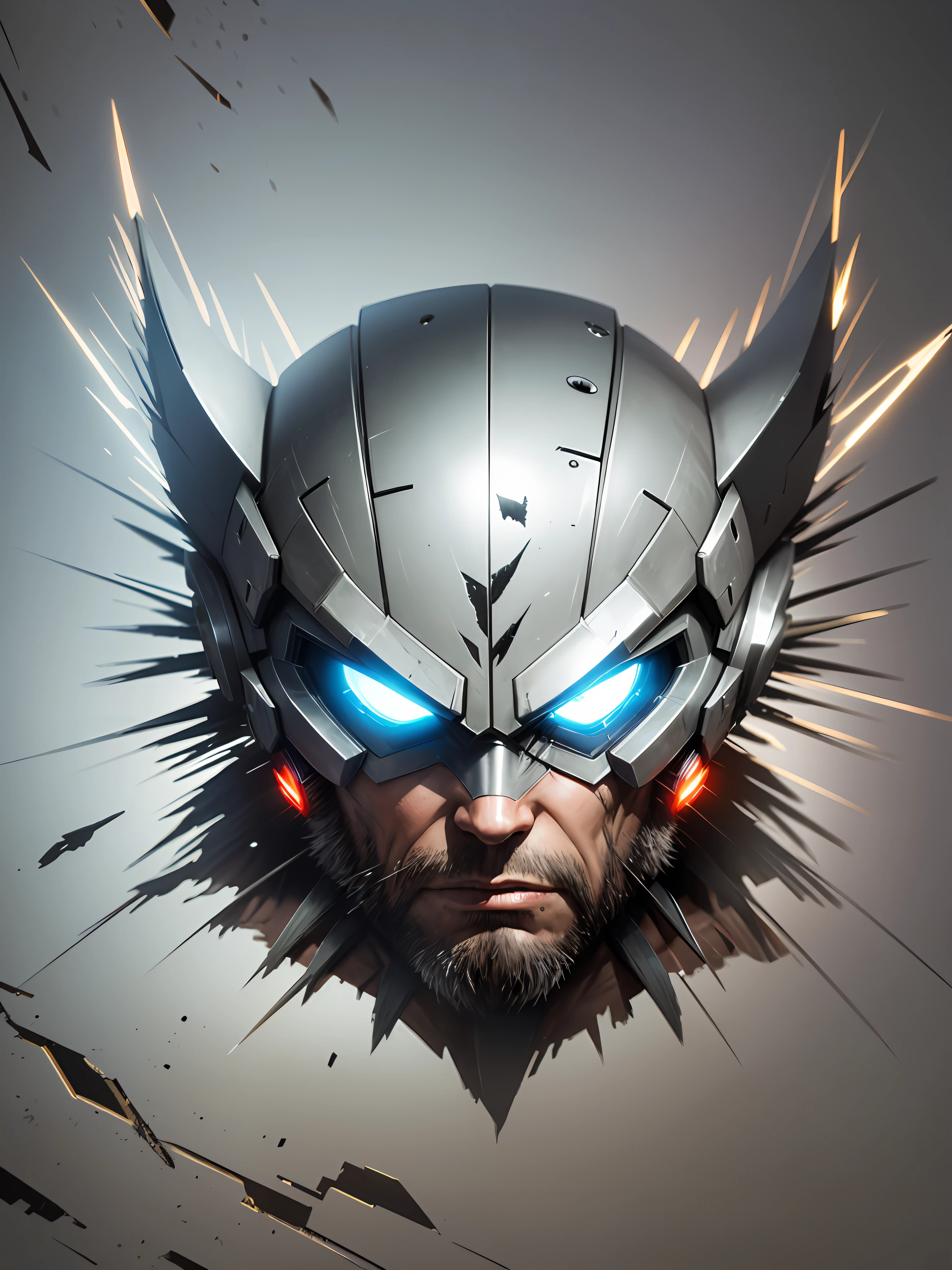Create wolverine, Weapon X, ultra real, with marks of cuts and bullet in a war scenario, futuristic helmet, showing only the mouth, --auto --s2