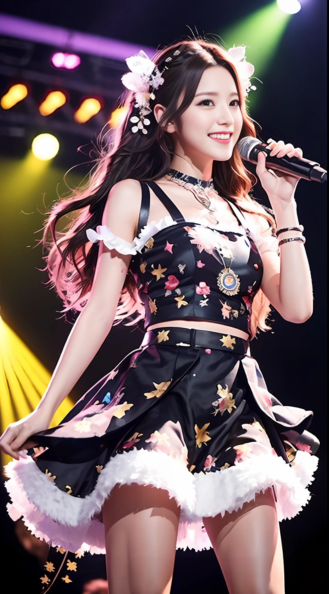 realistic, photorealistic, masterpiece, highest quality, girl alone, on stage, stage lighting, stage spotlight, viewer's gaze, smile, idol singing costume, light version,