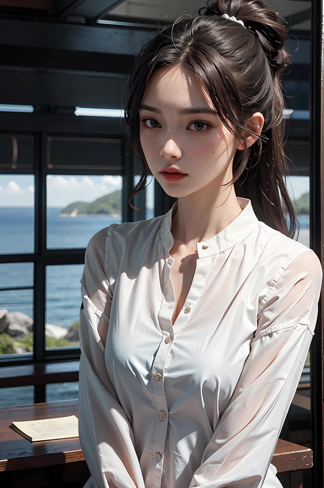 Close-up of a woman in a white-collar shirt, chest: 1.2, ponytail, hair bun, topknot, messy hair, closed mouth, mouth hold, longeyelashes: 1.5, black hair color, guvez style artwork, guvitz, CGstation trend, raw photo, super high resolution, big brown eyes, long legs, thin legs, narrow waist, tall woman, Slim figure, dynamic lighting, depiction very detailed, depth of field, sea in the background, ray tracing, 4K