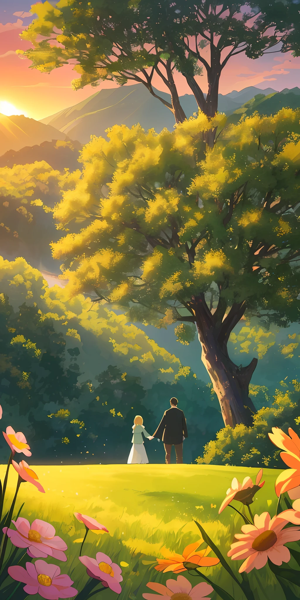 Masterpiece, best quality, (very detailed unified CG 8k wallpaper) (best quality), (best illustration), (best shadow), , Describe a large field, in the late afternoon, conveying a feeling of coziness. Highlight the following elements:
The field should be wide, with a green and lush vegetation.
The sunset should bathe the countryside with a warm, golden light, creating a welcoming atmosphere.
In the distance, the observer can spot a couple, who seem to enjoy the moment together.
The couple may be walking hand in hand, sitting on a blanket or simply admiring the scenery.
The scene should convey a sense of peace, harmony and intimacy.
There may be complementary natural elements such as trees, flowers, or a stream.
Use soft, warm tones to create a warm and serene atmosphere.
Ensure that the image is visually pleasing and invite the viewer to feel part of this tranquil scene. --v6