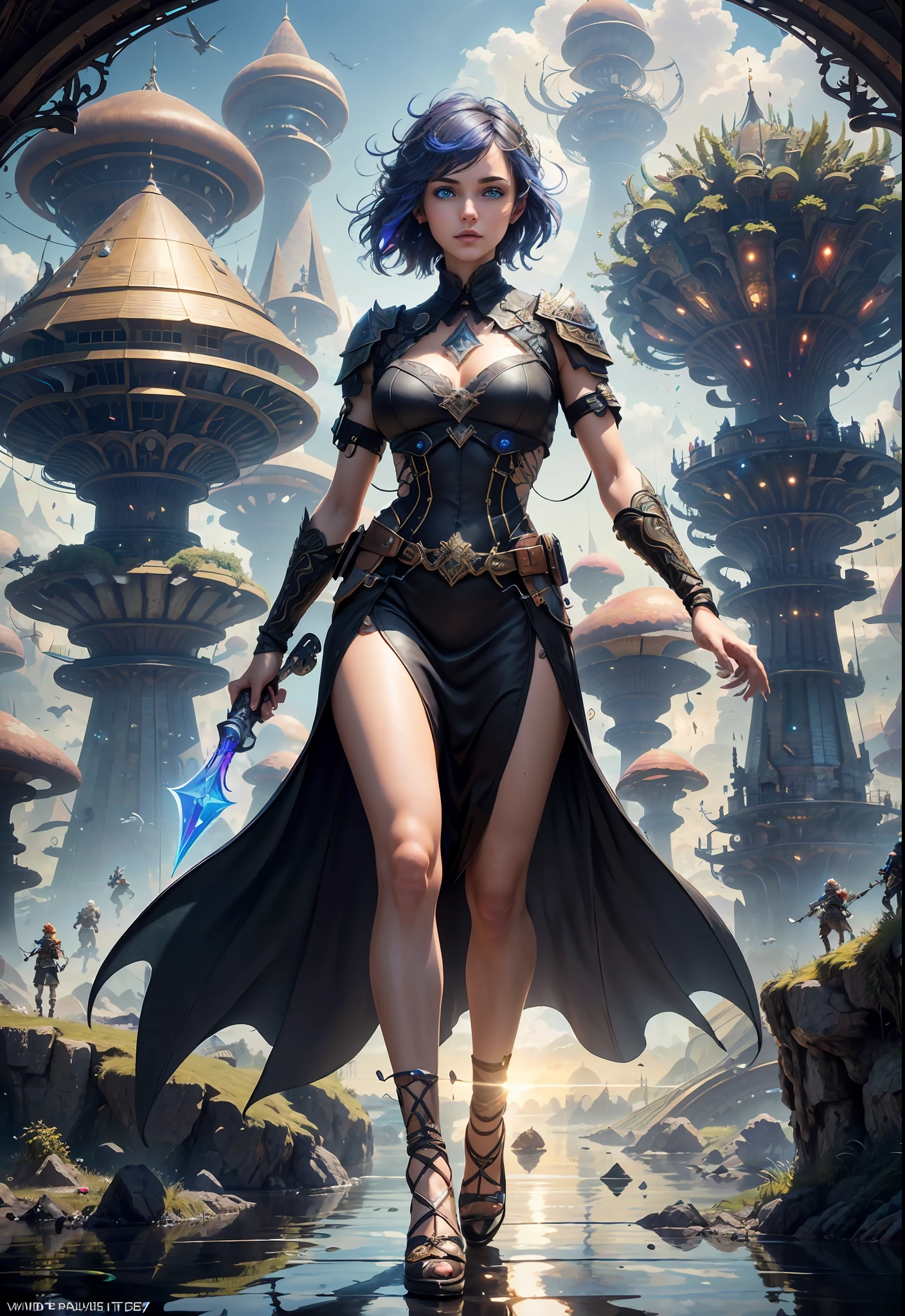(((Multiplayer, Vivid eyes, men and women))), Best Quality, Realistic, Realistic, Award-Winning Illustrations, (Intricate Details: 1.2), (Fine Details), (Intricate Details), (Cinematic Light, Best Quality Backlight), Clear Lines, Sharp Focus, Official Art, Unity 8k Wallpaper, Ridiculous, Incredibly Absurd, Fantasy Art, RTX, ((Award-winning Triangle Studio Close-up Photo)), 1 Boy, (Shut Up), Best Quality, 4K, beautiful mysterious creatures, female, flying, surrealism, masterpiece by NCWINTERS, in a mysterious country town, masterpiece, intricate details, ff14style, urban painting, bridge, river, giant mushroom, landscape, bright colors, ((((full body image))),