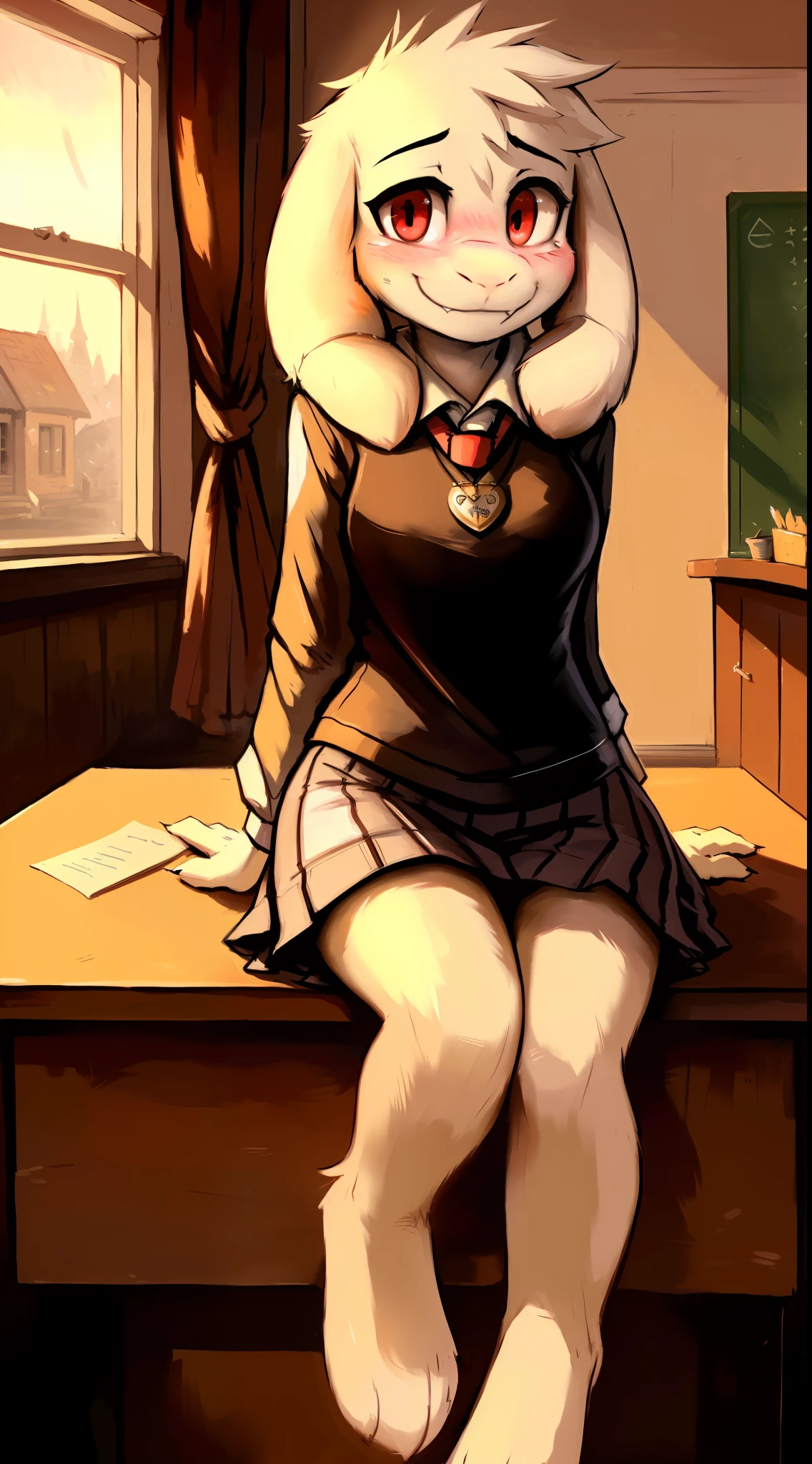 by Zackary911, by Kenket, by Kilinah, by Zackary911, (((asriel, woman, breasts, antrum, extremely detailed, extremely detailed legs, extremely detailed arms, extremely detailed face, perfectly detailed eyes, perfectly detailed anatomy))): 1.2, solo, perspective, curved thighs, huge thighs, curvature, embarrassed smile, (tail), totally blushed, nervous, looking at the viewer, bedroom, red eyes, school girl uniform, school, day, classroom, sitting on a desk