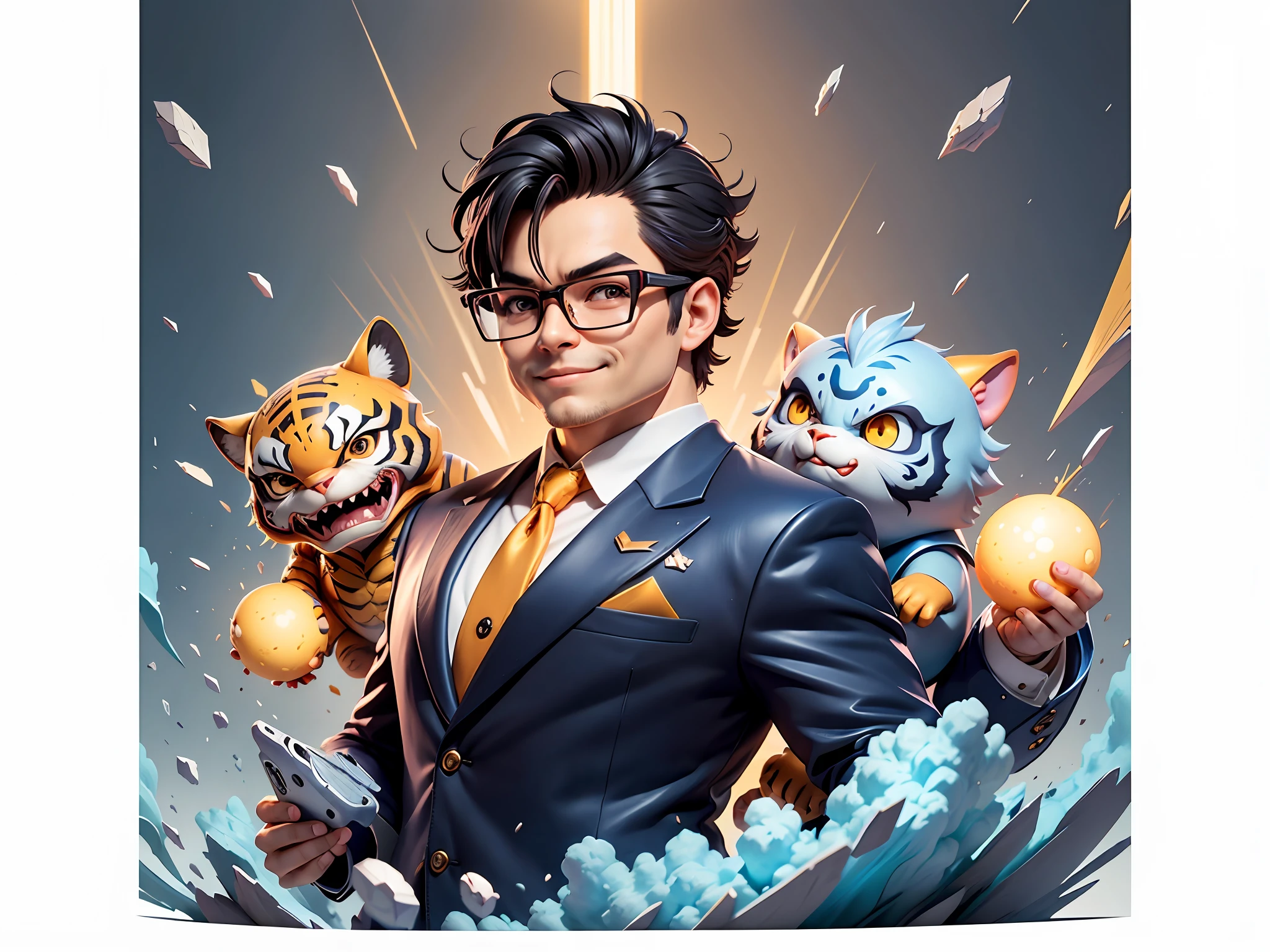 (Masterpiece), (Extreme Quality), (Super Meticulous), (Full Body: 1.2), Super Young Man, Chinese Dragon, Tiger, Wind God Thor, Sexy, Bursting, Oriental Face, TV Anchor, Bust Portrait Illustration, Black Formal Suit, Blue Tie, Slightly Chubby Face, Silver Glasses, Very Clean Face, No Beard on Chin, Black Super Short Hair, Black Eyes, Confident Smile, 3c Computer Sub-Products, iPad, iPhone, Digital Painting, 3D Character Design by Mark Claireden and Pixar and Hayao Miyazaki and Akira Toriyama, The illustration is a high-definition illustration in 4K resolution with very detailed facial features and cartoon-style visuals.
