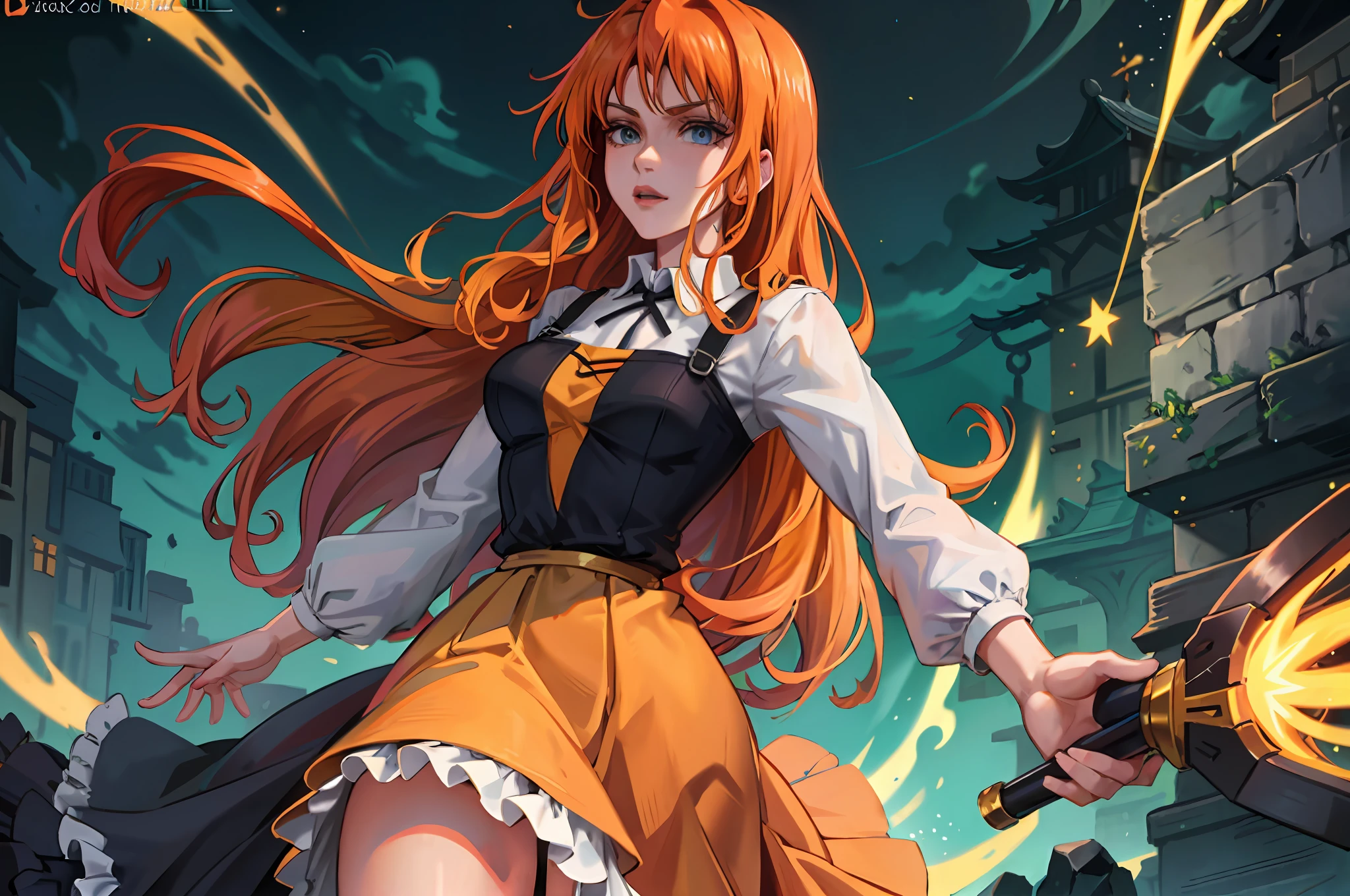 orange hair, eyes green, anime, featured in character, only one person, ((solo)), ((eyes green)), ((hair orange)), long hair, long purple dress, commoner outfit, dark room, old spinning rock