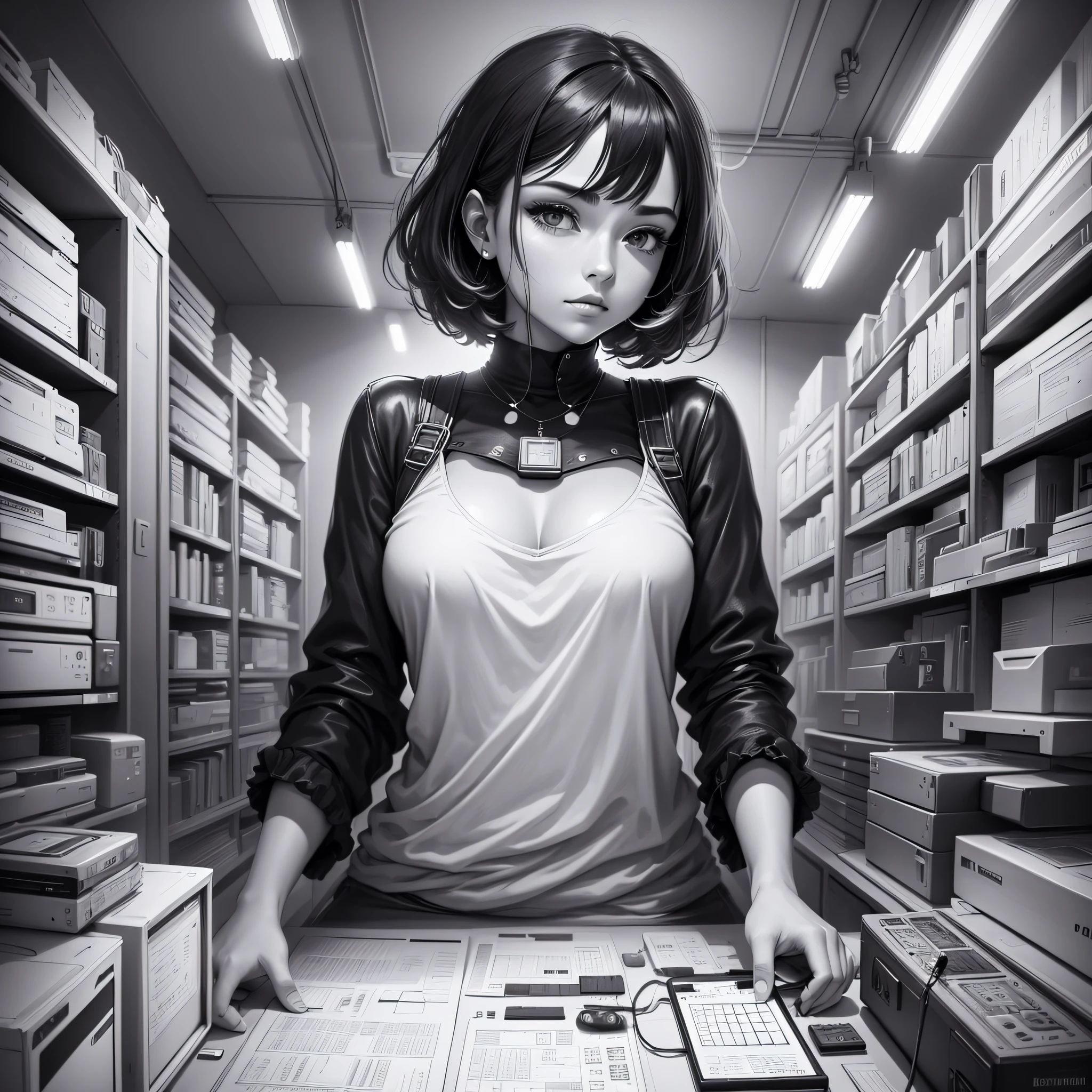 black and white drawing of a woman surrounded by electronics, simple line, (LineArtGirl style:1) --auto --s2