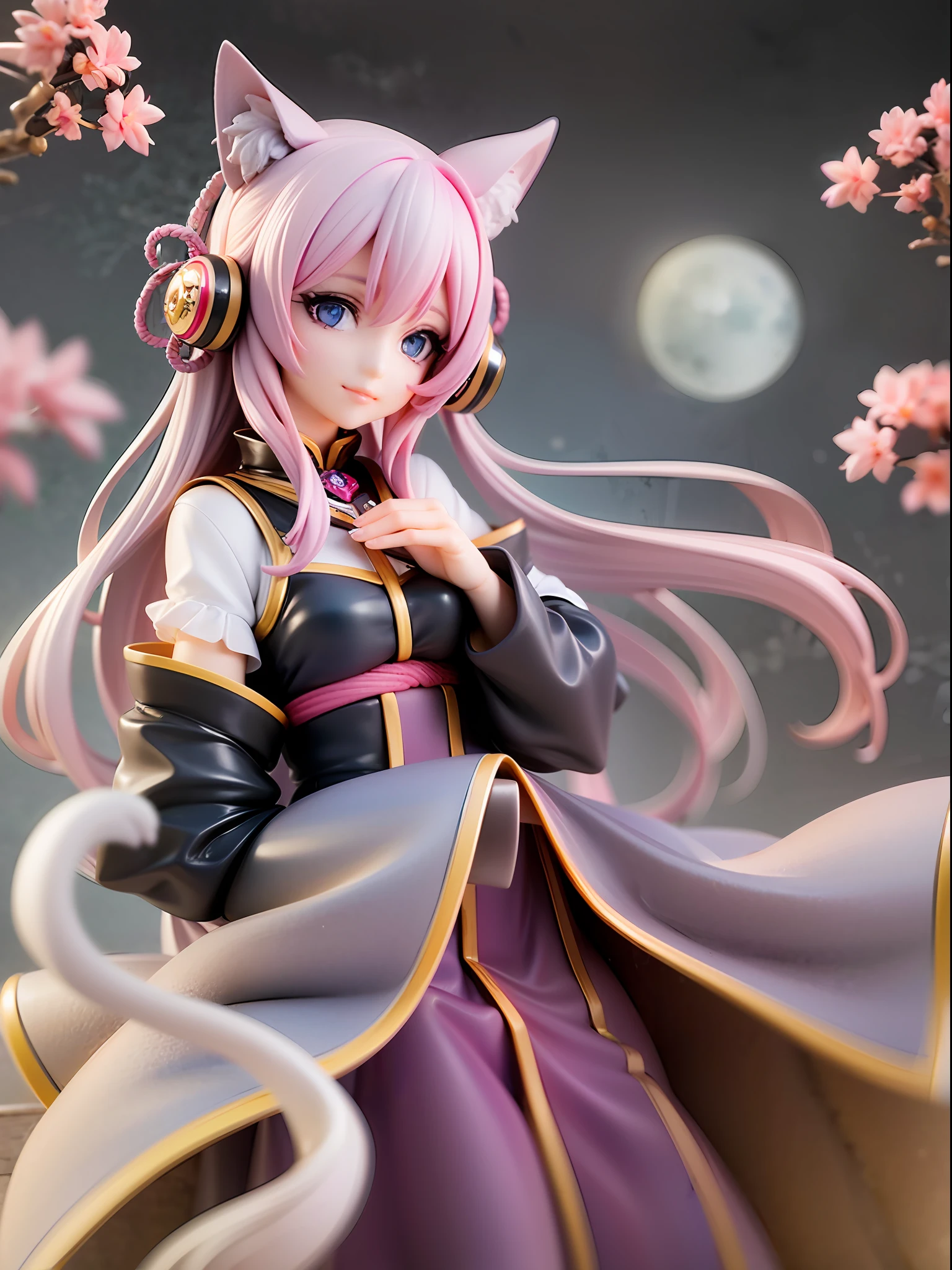 1girl, cat ears, cat tail, cherry blossom ,long pale hair, beautiful bright blue eyes, smiling, wearing a white kimono, standing under a night sky with a full moon, moon light,surrounded by blue roses, [realistic], [3d], (8k, RAW photo, best quality, masterpiece:1.2), ultra high res, photo realistic, professional lighting, detailed lighting, professional photography, high quality, high res, extremely detailed, bloom, depth of field, sketch, sharp focus, soft lighting, detailed, detailed skin, to8contrast style.