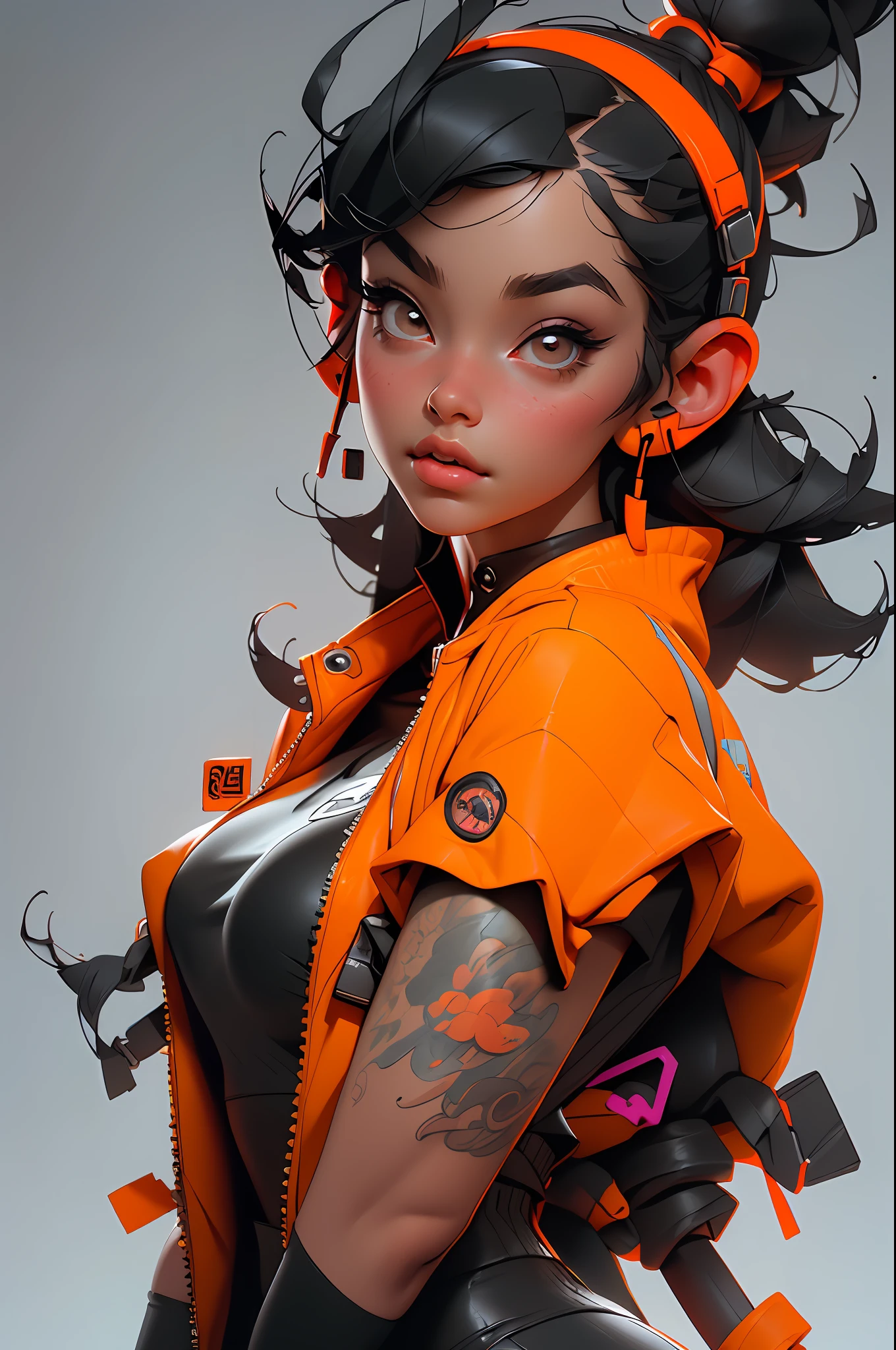 ((Best quality)), ((masterpiece)), ((realistic)) and ultra-detailed photography of a 1nerdy girl with neon headphones. She has ((black hair)), is wearing an orange techwear jacket, and exudes a ((beautiful and aesthetic)) vibe.