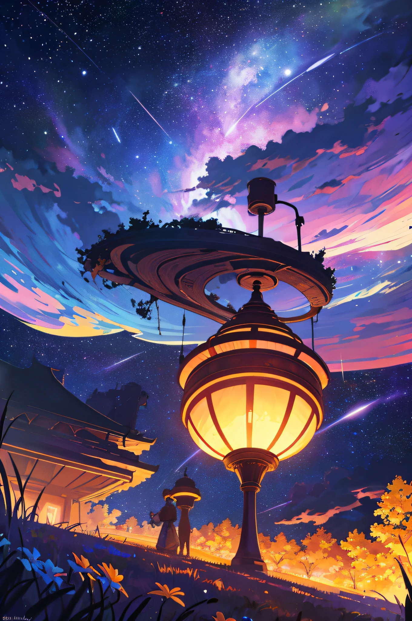 (a view from below that shows the sky above and the open field below), a field of flowers, (full moon), (shooting stars), (nebula), distant mountain, tree BREAK production art, (hot light source), lamp, very purple and orange, complex details, volumetric lighting, realism BREAK (masterpiece), (best quality), 4k, ultra-detailed, (dynamic composition), highly detailed, colorful details, (iridescent colors), (bright lighting, atmospheric lighting), dreamer, magician