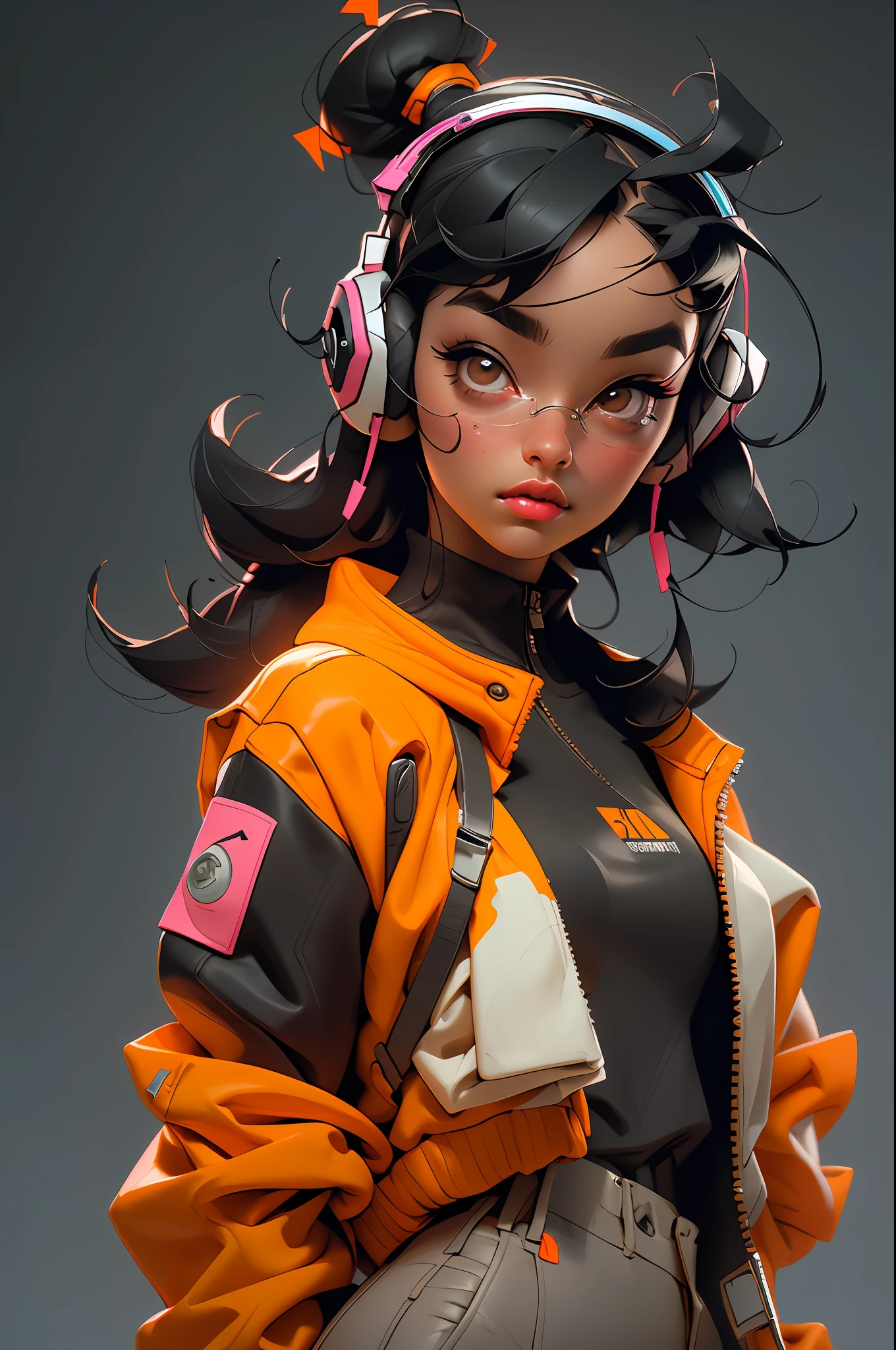 ((Best quality)), ((masterpiece)), ((realistic)) and ultra-detailed photography of a 1nerdy girl with neon headphones. She has ((black hair)), is wearing an orange techwear jacket, and exudes a ((beautiful and aesthetic)) vibe.