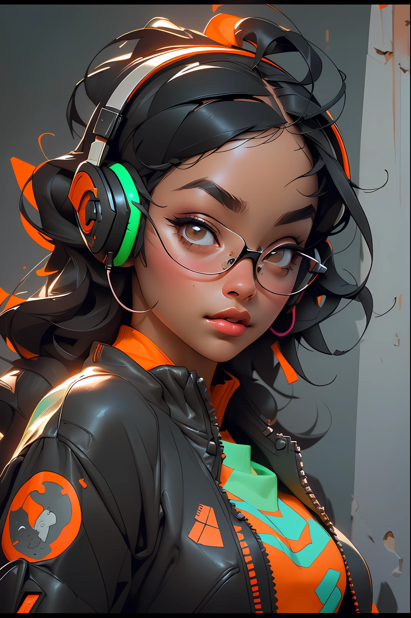((Best quality)), ((masterpiece)), ((realistic)) and ultra-detailed photography of a 1nerdy girl with neon headphones. She has ((black hair)), is wearing an orange techwear jacket, and exudes a ((beautiful and aesthetic)) vibe.