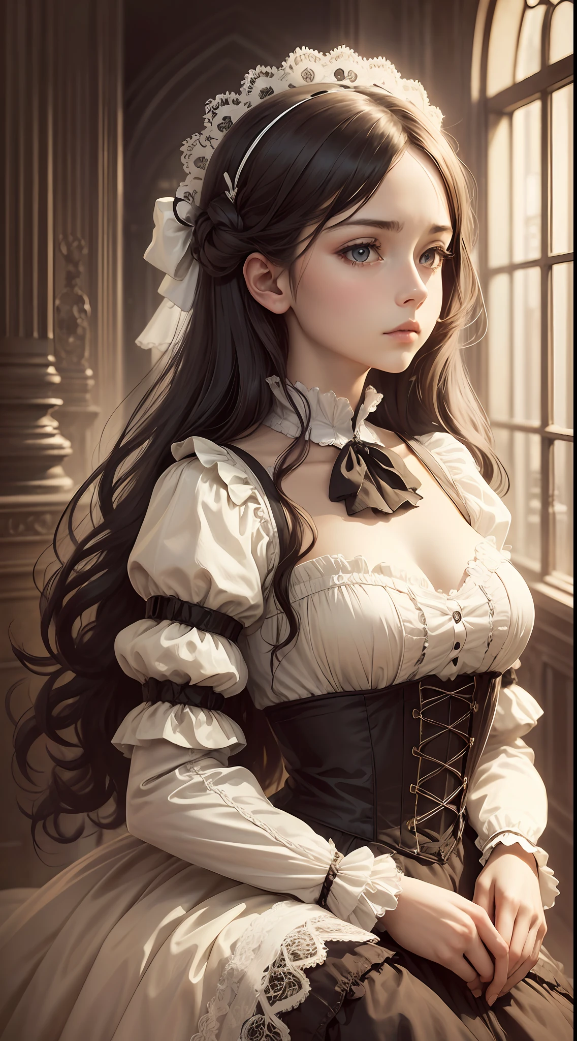 (Pure Color: 0.9), (Color: 1.1), (Masterpiece: 1,2), Best Quality, Masterpiece, High Resolution, Original, Highly Detailed Wallpaper, Beauty, Victorian, Dress, Sad, Small Face, Big Breasts, Sepia --auto --s2