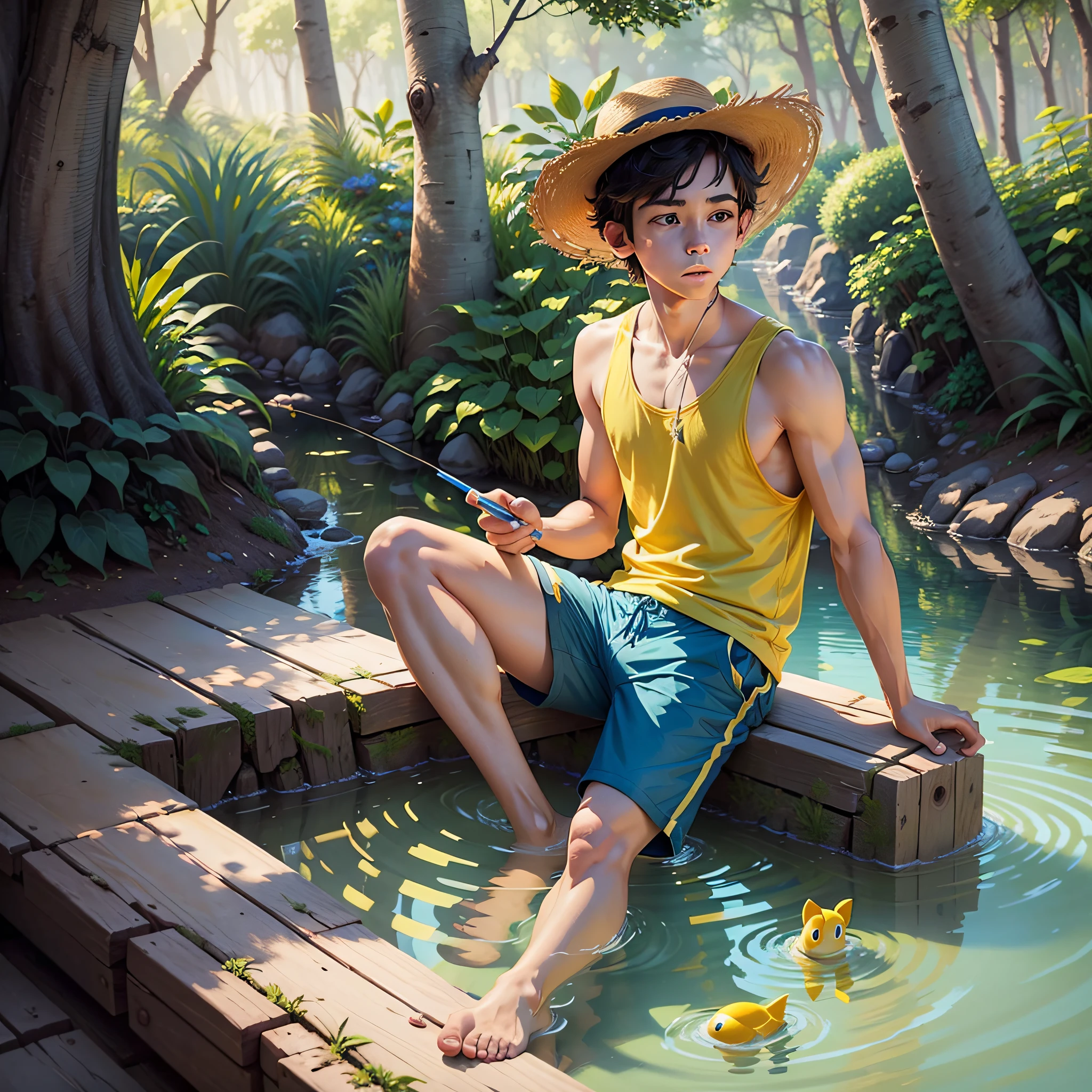 create for me a realistic animation, drawing, Disney-style animation, boy who likes to fish, he is wearing a yellow tank top, a blue shorts, he wears a straw hat typical of the garden, he is barefoot, he is in a forest, he has a lake nearby --auto --s2