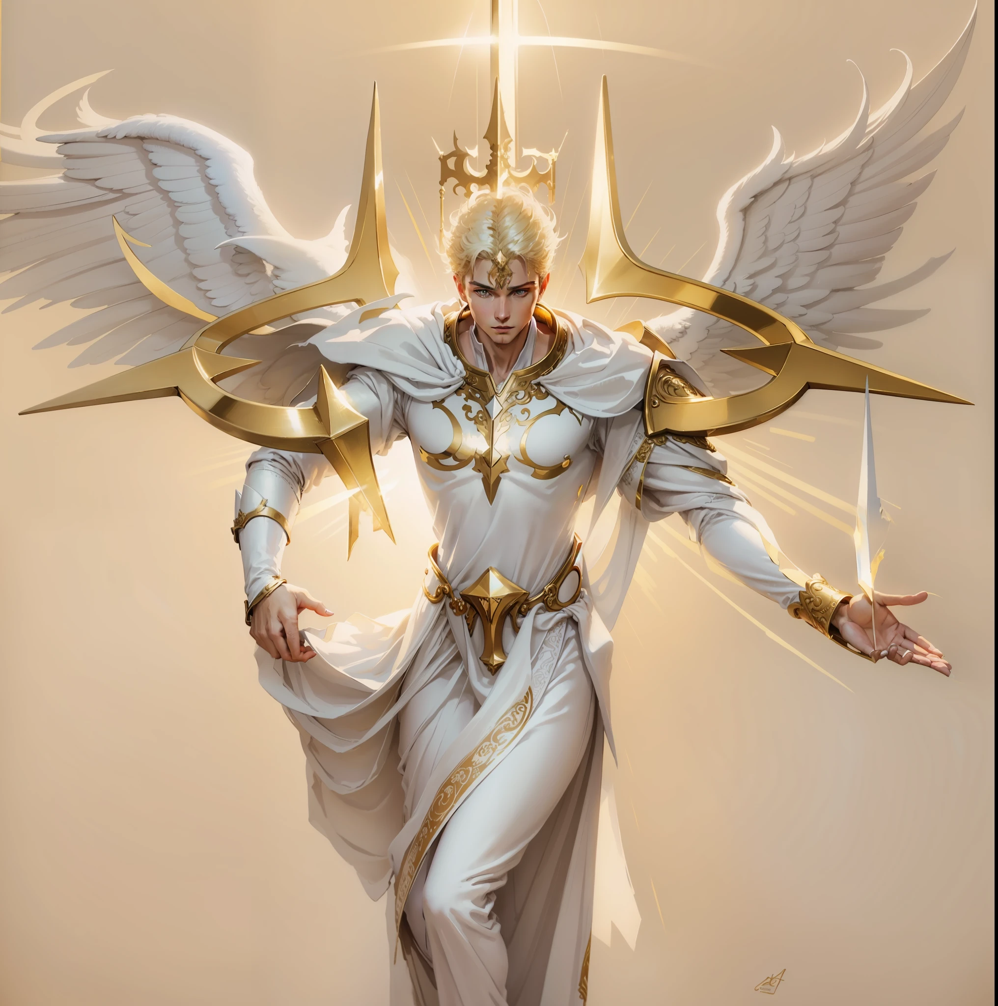 Distant view, characters do not make up much of the picture, angels descending, gorgeous white costumes, huge golden wings, glowing sword in hand, golden eyes glowing with golden light, face of a young handsome European man, perfectly proportioned body (masterpiece, best quality, high resolution: 1.4), detailed, intricate details, 4K, color splashes, line art, oil painting