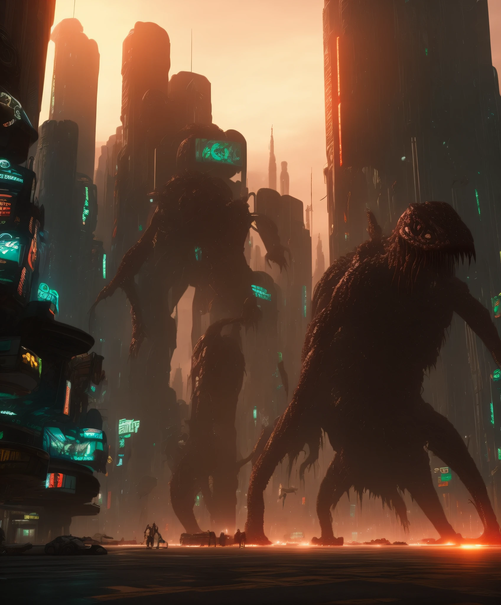 a huge naked female mutated horrifying creature thing in a cyberpunk city, wide shot, cinematic lighting