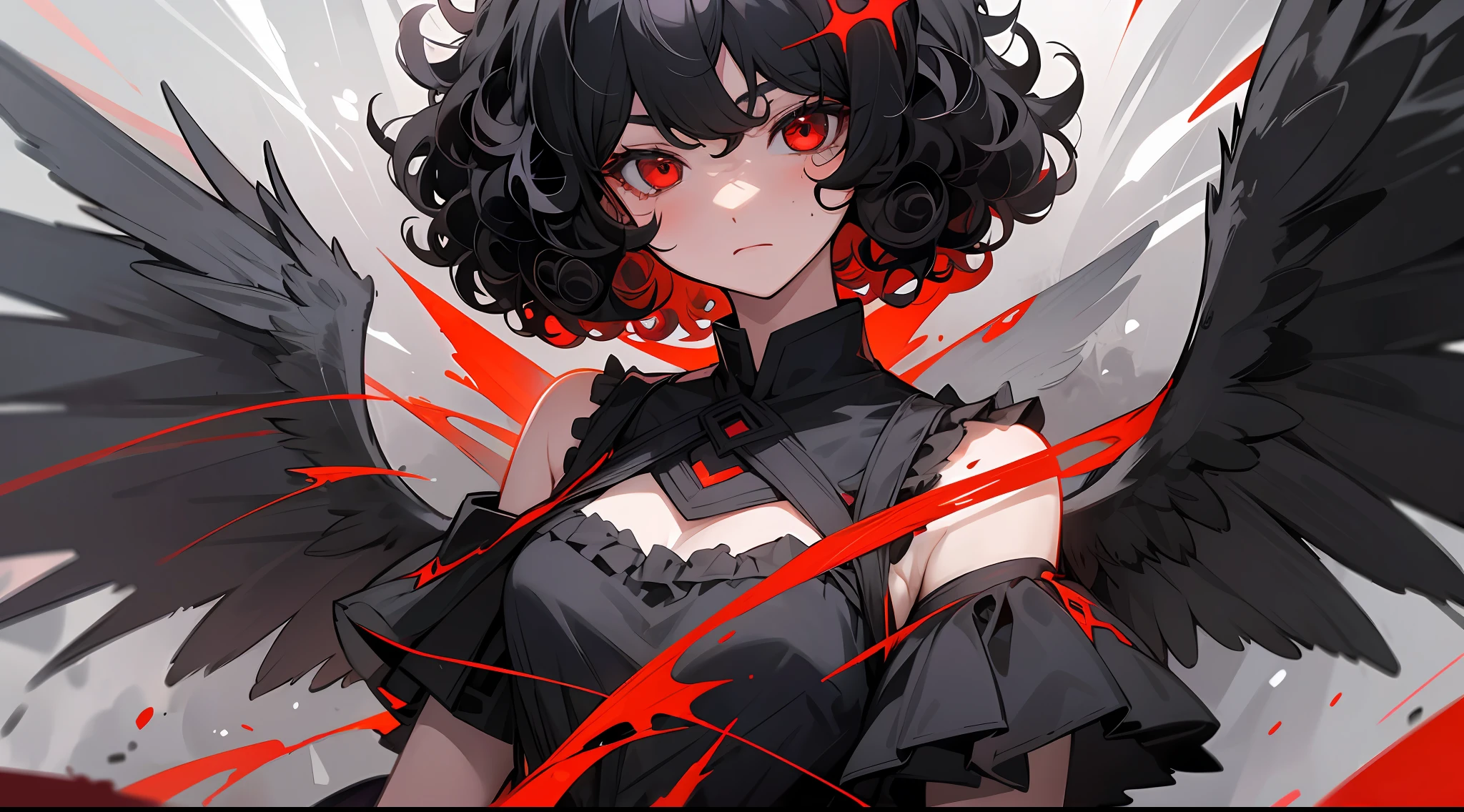 1girl, angel, black hair, short hair, (curls:1.5), red eyes, black wings, indifferent emotion, black ripped dress, halo, glow, blood, red shards, clouds, ukoö