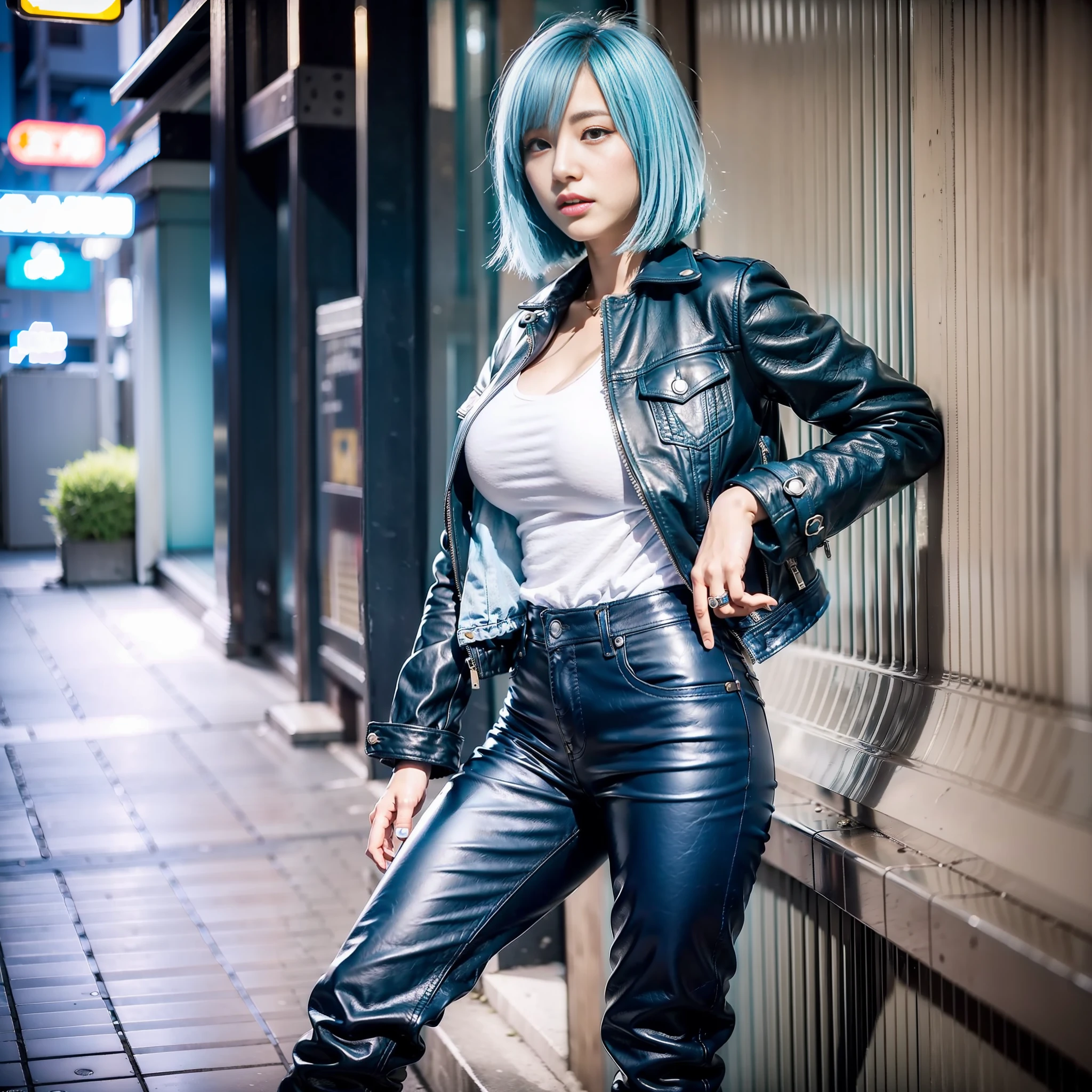 Japan Female 20 years old Looking at camera Portrait All Light Blue Riders Jacket Leather Pants Leather Boots Tall Big Tits Light Blue Hair Short Bob