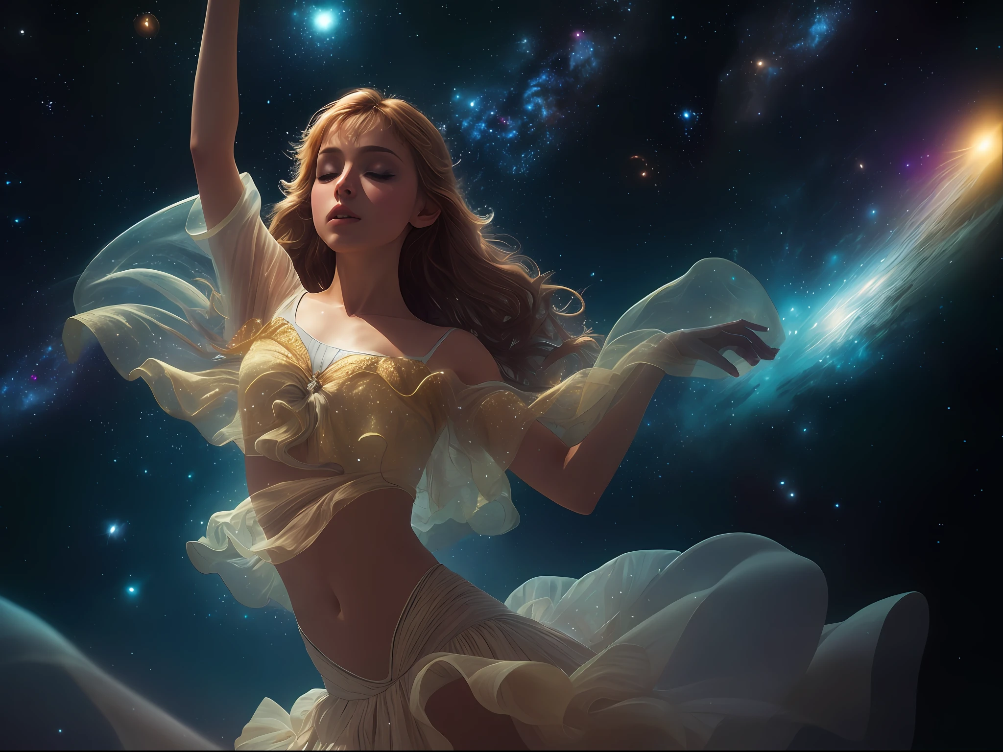 award-winning photo of dancer, dancing, Dancing, floating in outer space, about planet earth, look at a camera, (cinematic:1.5), realistic epic, hyperdetailed, insane details, intricate details, accent lighting, soft volumetric light, bokeh, (dramatic light:1.2), (neutral colors:1.3)