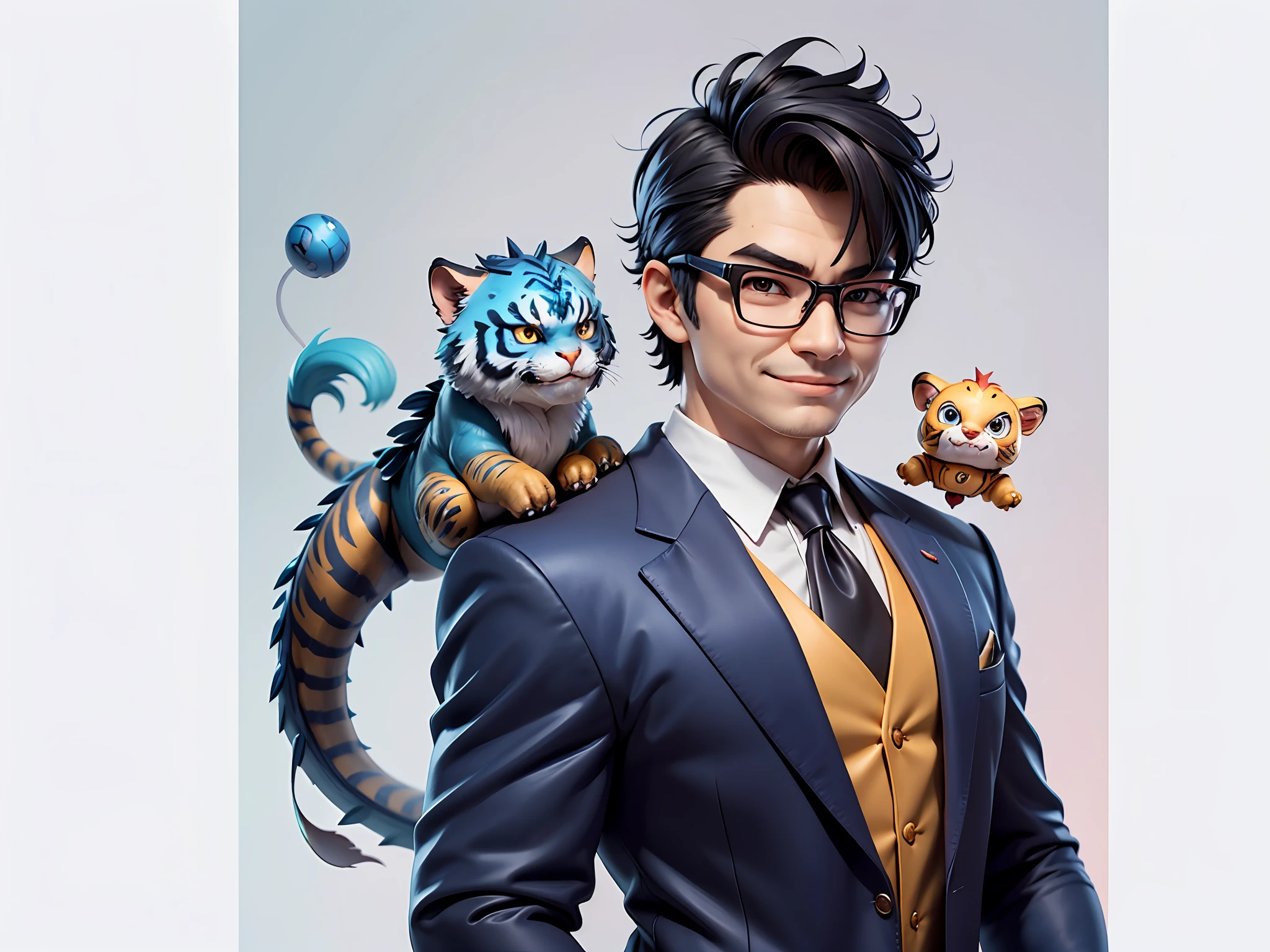 (Masterpiece), (Extreme Quality), (Super Meticulous), (Full Body: 1.2), Super Young Man, Chinese Dragon, Tiger, Wind God Thor, Sexy, Bursting, Oriental Face, TV Anchor, Bust Portrait Illustration, Black Formal Suit, Blue Tie, Slightly Chubby Face, Silver Glasses, Very Clean Face, No Beard on Chin, Black Super Short Hair, Black Eyes, Confident Smile, 3c Computer Sub-Products, iPad, iPhone, Digital Painting, 3D Character Design by Mark Claireden and Pixar and Hayao Miyazaki and Akira Toriyama, The illustration is a high-definition illustration in 4K resolution with very detailed facial features and cartoon-style visuals.