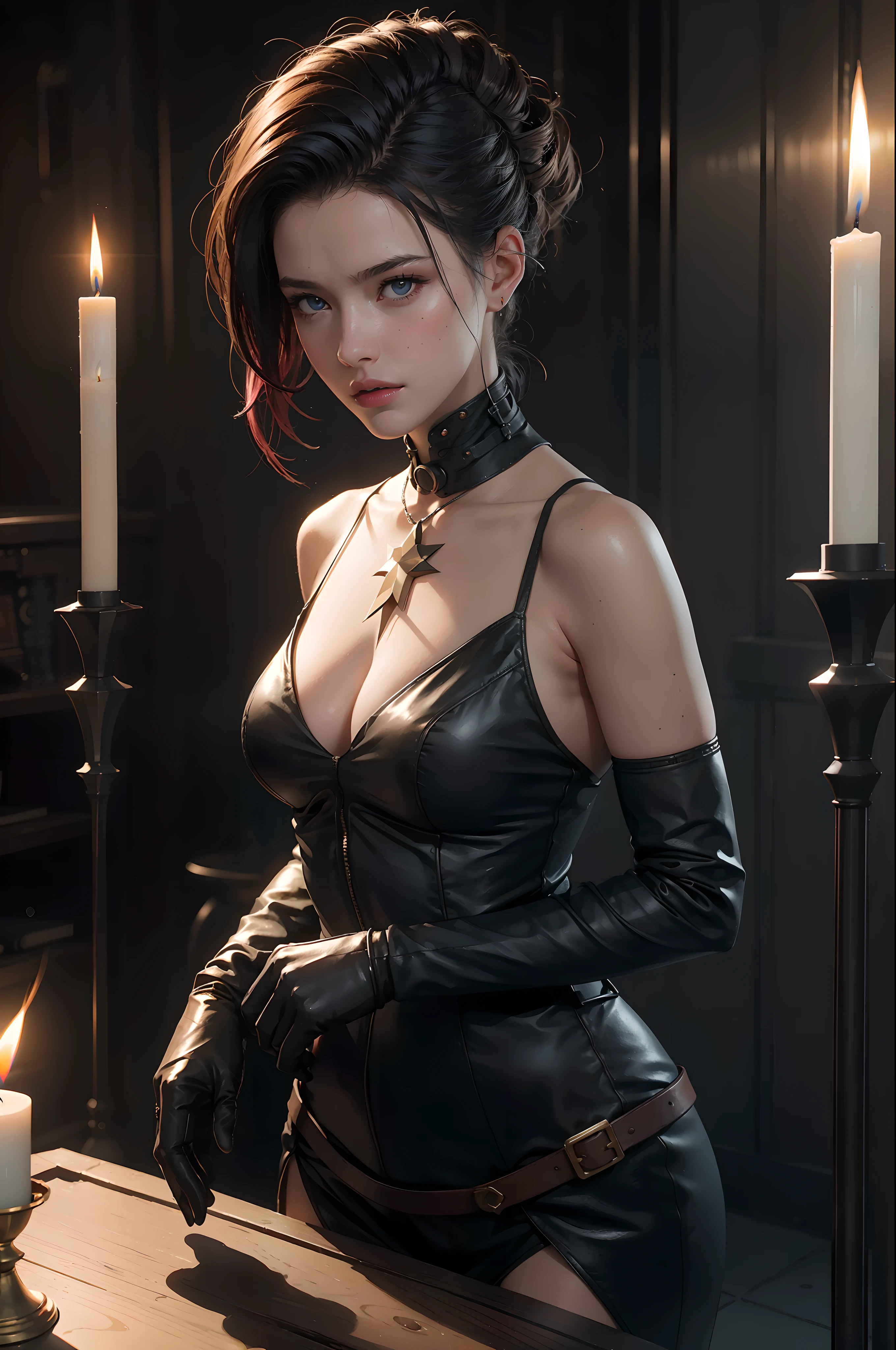 1girl, dynamic angle, splash art, octane render, Dutch angle shot of a Mennonite Female Abjurer, Mohawk hair, cyber noir, Candle light, Depth of field 270mm, Kodak portra, official art, unity 8k wallpaper, ultra detailed, aesthetic, masterpiece, best quality, photorealistic
