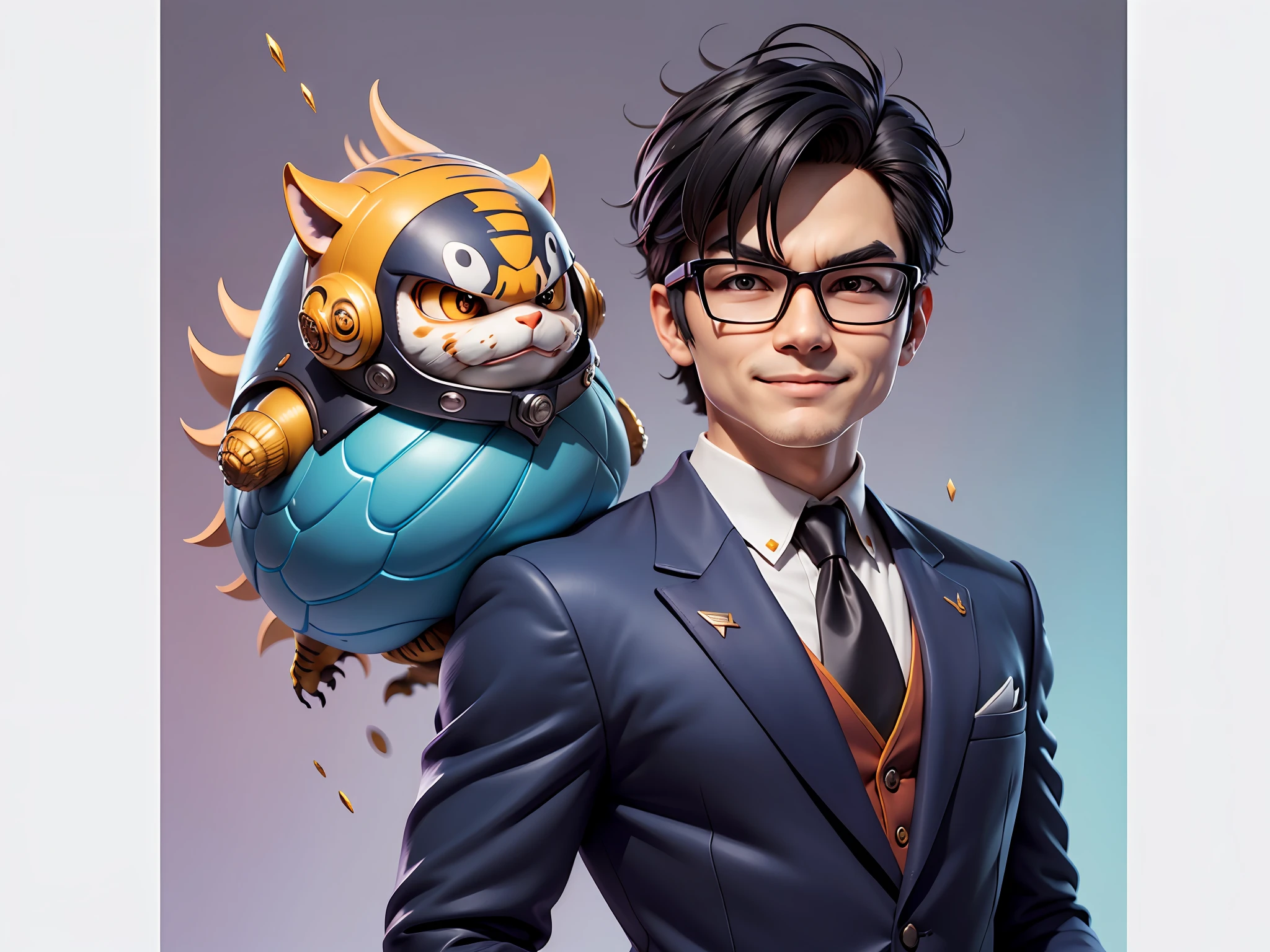 (Masterpiece), (Extreme Quality), (Super Meticulous), (Full Body: 1.2), Super Young Man, Chinese Dragon, Tiger, Wind God Thor, Sexy, Bursting, Oriental Face, TV Anchor, Bust Portrait Illustration, Black Formal Suit, Blue Tie, Slightly Chubby Face, Silver Glasses, Very Clean Face, No Beard on Chin, Black Super Short Hair, Black Eyes, Confident Smile, 3c Computer Sub-Products, iPad, iPhone, Digital Painting, 3D Character Design by Mark Claireden and Pixar and Hayao Miyazaki and Akira Toriyama, The illustration is a high-definition illustration in 4K resolution with very detailed facial features and cartoon-style visuals.