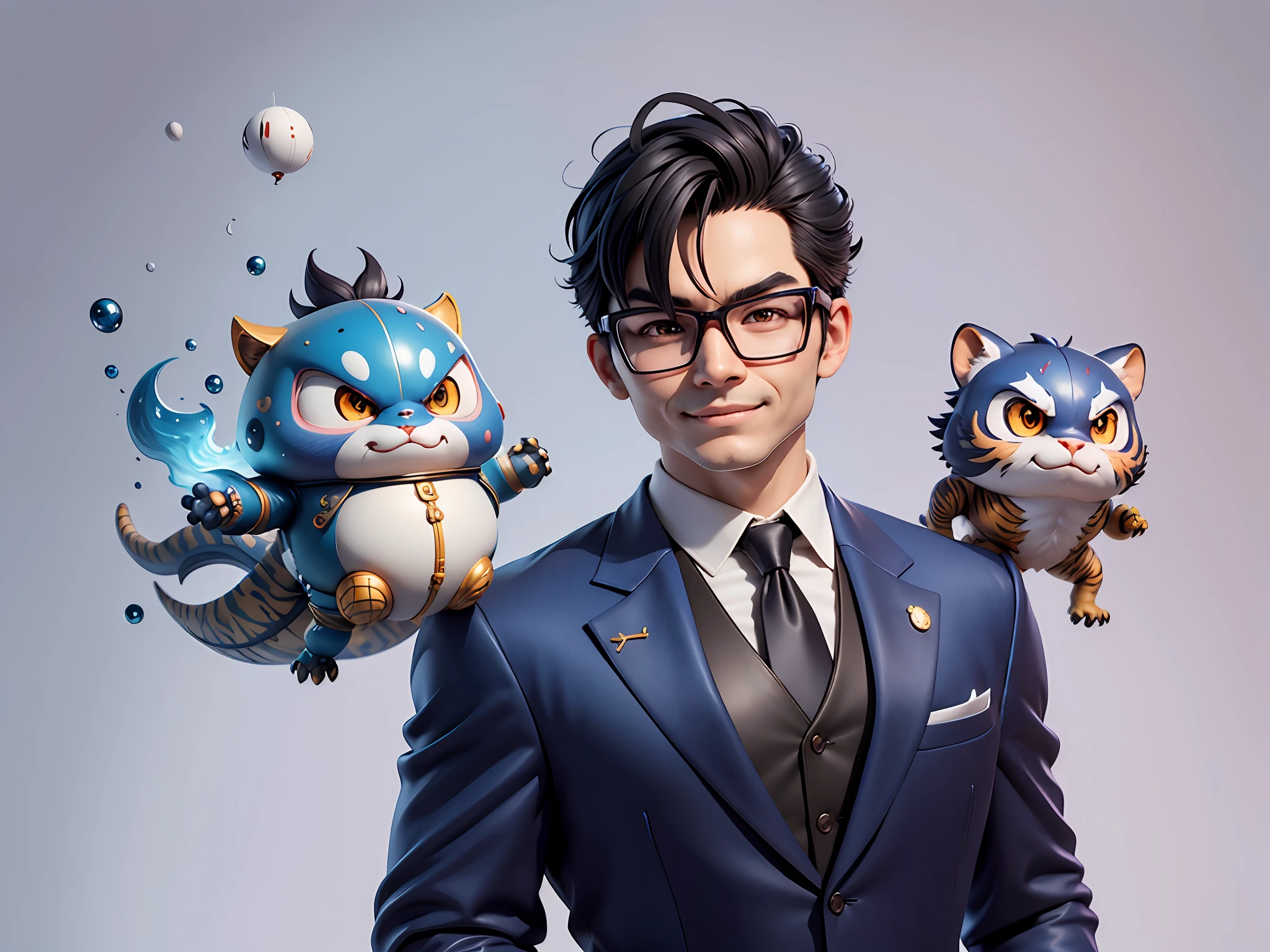 (Masterpiece), (Extreme Quality), (Super Meticulous), (Full Body: 1.2), Super Young Man, Chinese Dragon, Tiger, Wind God Thor, Sexy, Bursting, Oriental Face, TV Anchor, Bust Portrait Illustration, Black Formal Suit, Blue Tie, Slightly Chubby Face, Silver Glasses, Very Clean Face, No Beard on Chin, Black Super Short Hair, Black Eyes, Confident Smile, 3c Computer Sub-Products, iPad, iPhone, Digital Painting, 3D Character Design by Mark Claireden and Pixar and Hayao Miyazaki and Akira Toriyama, The illustration is a high-definition illustration in 4K resolution with very detailed facial features and cartoon-style visuals.