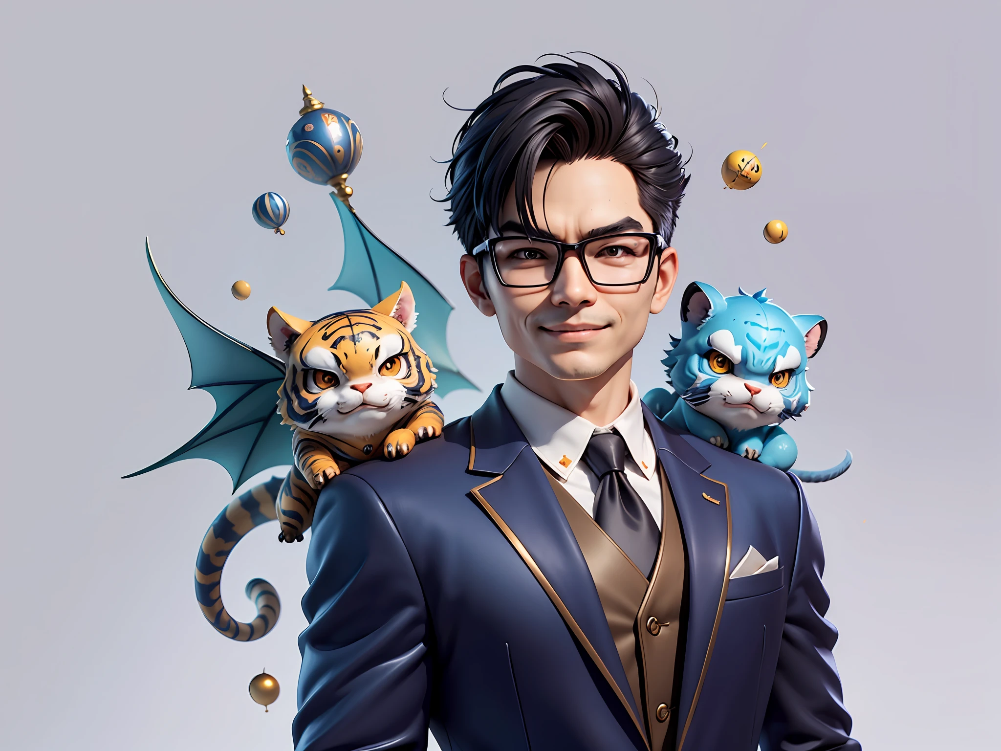 (Masterpiece), (Extreme Quality), (Super Meticulous), (Full Body: 1.2), Super Young Man, Chinese Dragon, Tiger, Wind God Thor, Sexy, Bursting, Oriental Face, TV Anchor, Bust Portrait Illustration, Black Formal Suit, Blue Tie, Slightly Chubby Face, Silver Glasses, Very Clean Face, No Beard on Chin, Black Super Short Hair, Black Eyes, Confident Smile, 3c Computer Sub-Products, iPad, iPhone, Digital Painting, 3D Character Design by Mark Claireden and Pixar and Hayao Miyazaki and Akira Toriyama, The illustration is a high-definition illustration in 4K resolution with very detailed facial features and cartoon-style visuals.