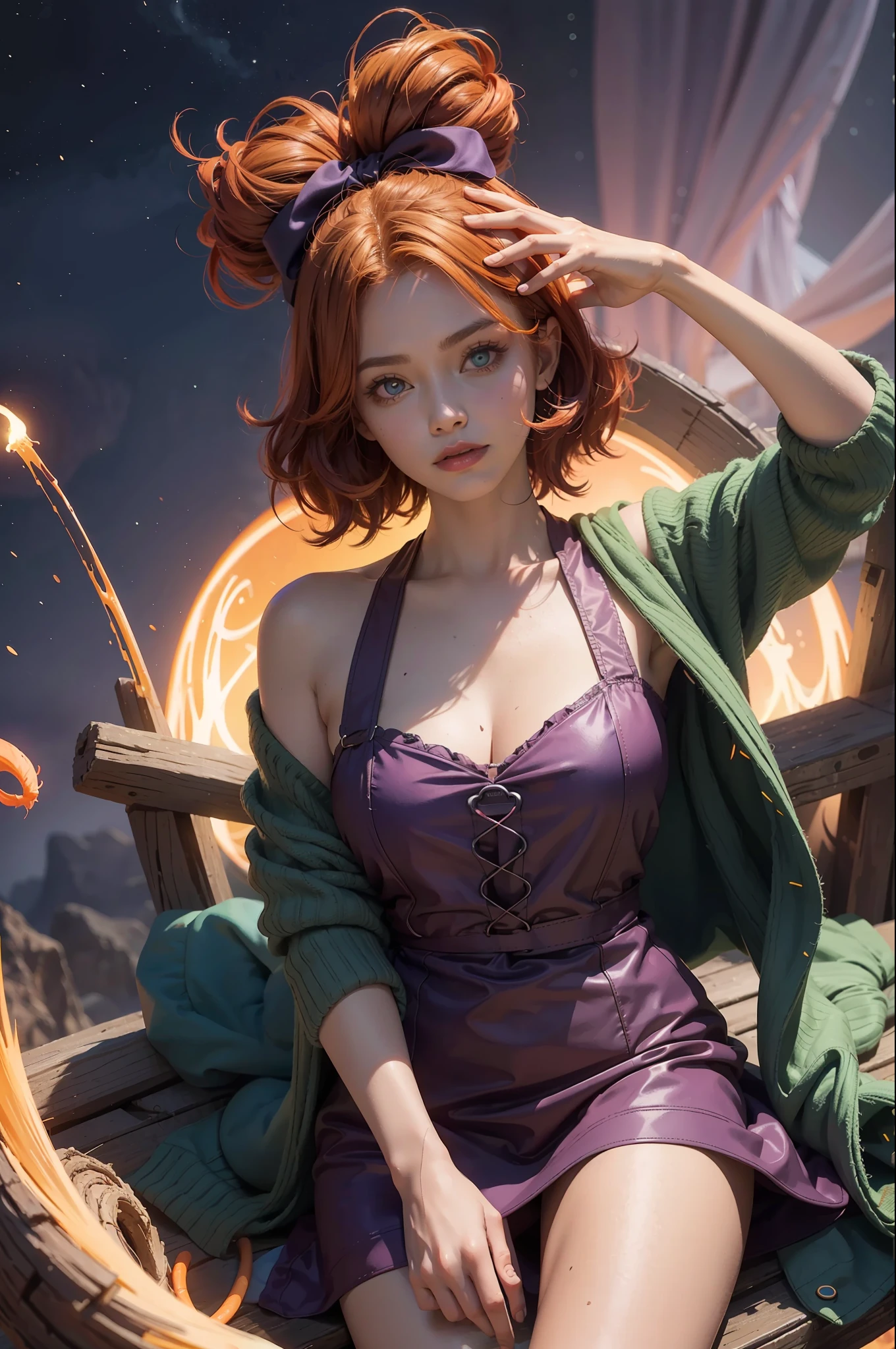 concept art, overhead angle of a Will-o'-the-wisp, wearing Funny Somali Emerald deep orange Pinafore, Caramel hair styled as Short hair, fluorescent purple Hair tie, equirectangular 360, Highres, [(art by Willi Baumeister:1.1), (art by John T. Biggers:1.2)::17], official art, unity 8k wallpaper, ultra detailed, aesthetic, masterpiece, best quality, photorealistic