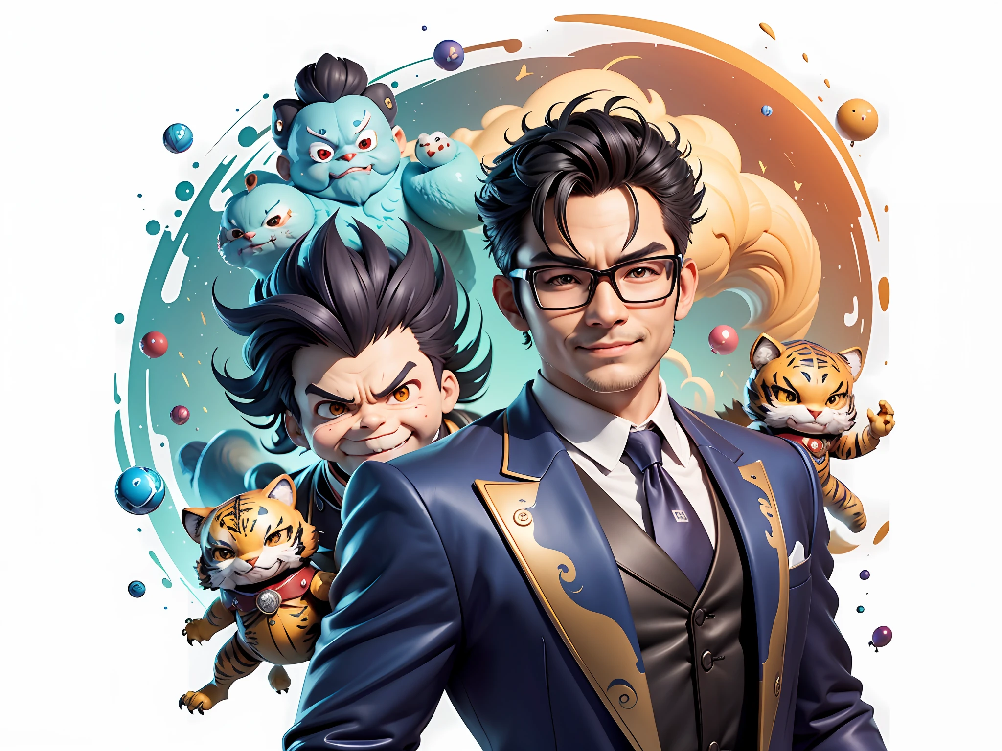 (Masterpiece), (Extreme Quality), (Super Meticulous), (Full Body: 1.2), Super Young Man, Chinese Dragon, Tiger, Wind God Thor, Sexy, Bursting, Oriental Face, TV Anchor, Bust Portrait Illustration, Black Formal Suit, Blue Tie, Slightly Chubby Face, Silver Glasses, Very Clean Face, No Beard on Chin, Black Super Short Hair, Black Eyes, Confident Smile, 3c Computer Sub-Products, iPad, iPhone, Digital Painting, 3D Character Design by Mark Claireden and Pixar and Hayao Miyazaki and Akira Toriyama, The illustration is a high-definition illustration in 4K resolution with very detailed facial features and cartoon-style visuals.