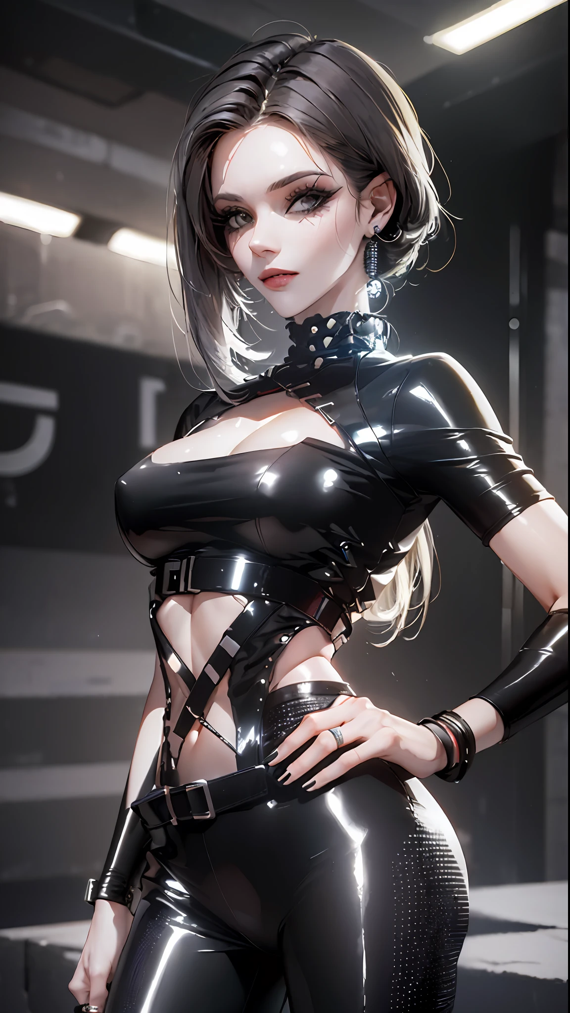((Best quality)), ((masterpiece)), (highly detailed:1.3), .... 3D, beautiful (cyberpunk:1.3) , Stylish woman looking at camera, black pants, black t-shirt
