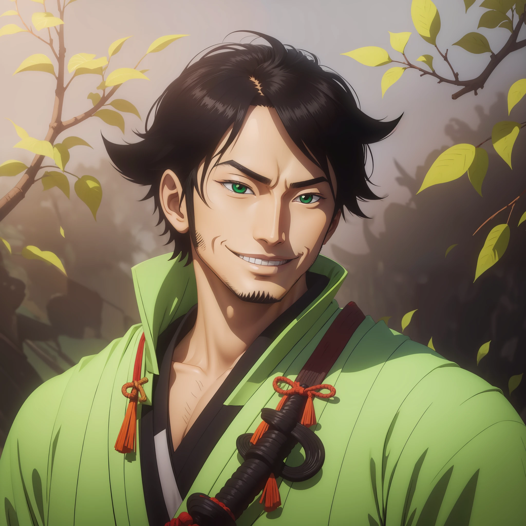Young smiling samurai,black hair,topetudo,green eyes,no beard,with an old samurai outfit.