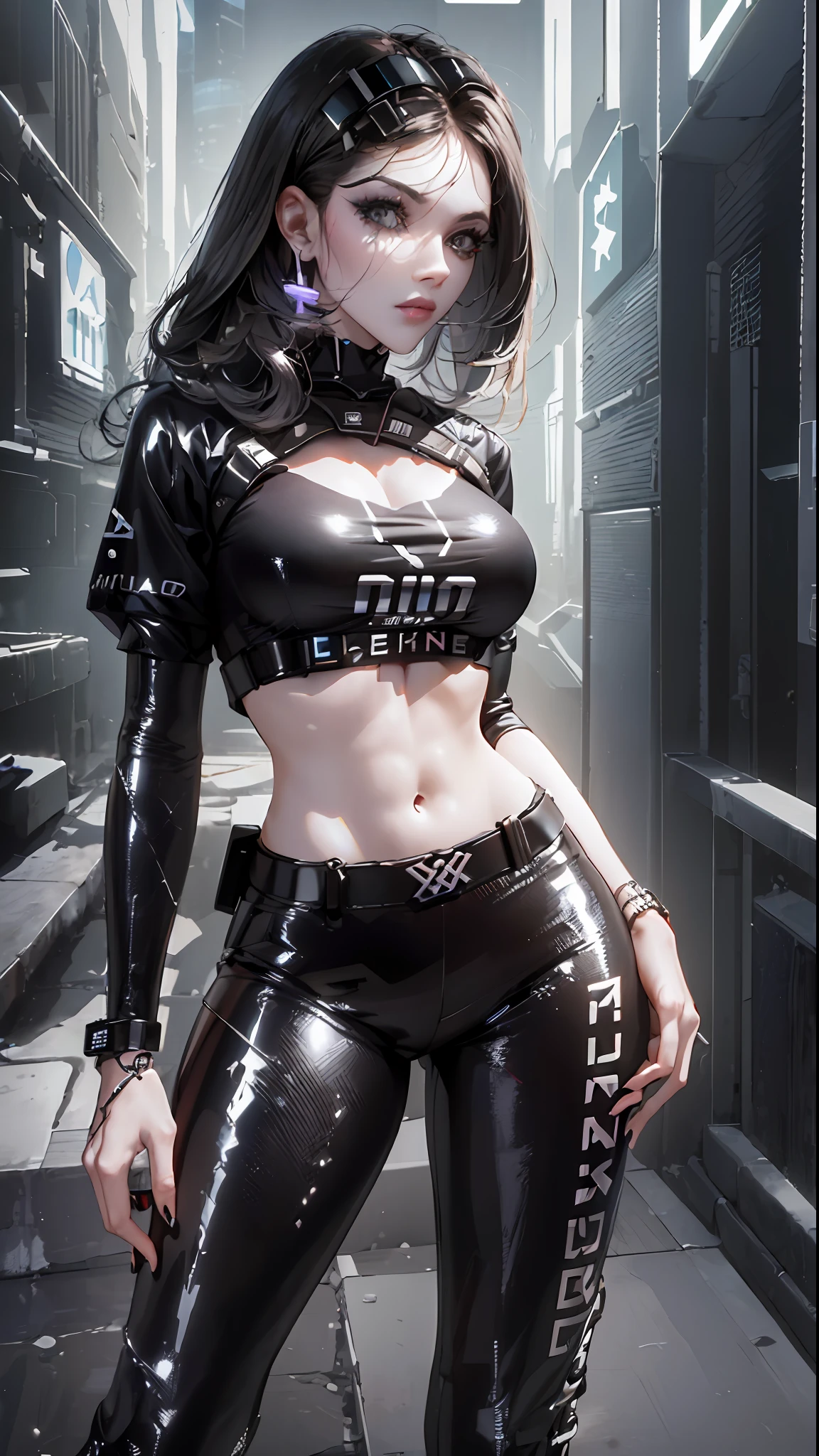 ((Best quality)), ((masterpiece)), (highly detailed:1.3), .... 3D, beautiful (cyberpunk:1.3) , Stylish woman looking at camera, black pants, black t-shirt