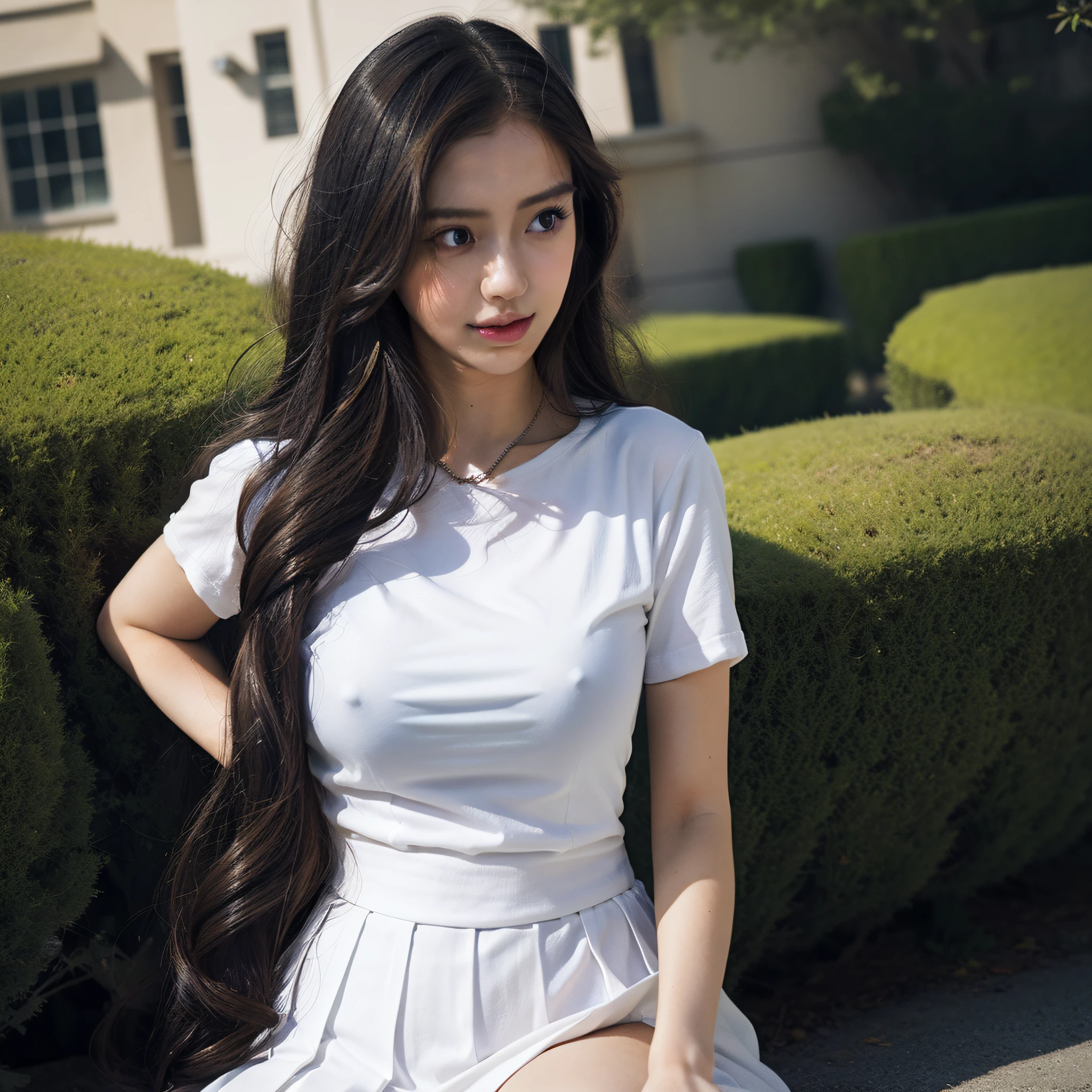 best quality, absurdres, (photorealistic:1.4), masterpiece, 8k, ultra high res, highest quality BREAK 1girl, 22 year old, beautiful blue eyes, large breasts, cute, one knee up BREAK (white pleated skirt),, white golf outfit, knee up, perfect thighs, view of thighs, ((revealing thighs)), (upskirt), black hair (Very long hair, blunt bangs), sexy, (smooth complexion, hyperrealism, cinematic light, sharp), perfect skin, perfect face, detailed face, (bright skin:1.3), skin pores BREAK lush green field, (wind:1.6), (realistic:1.5), perfect illumination,