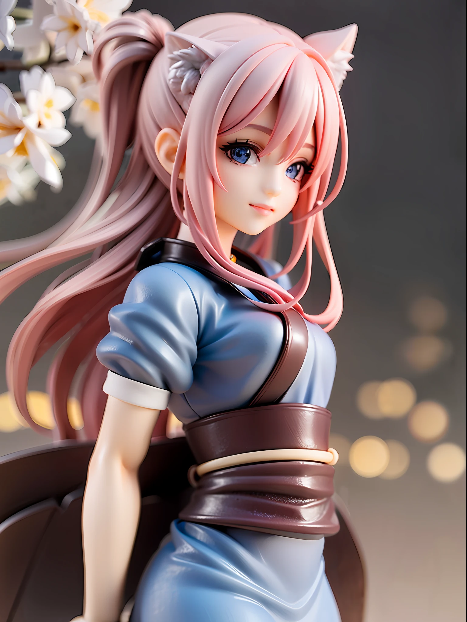1girl, cat ears, cat tail, cherry blossom ,long pale hair, chibi, beautiful bright blue eyes, smiling, wearing a white kimono, standing under a night sky with a full moon, moon light,surrounded by blue roses, [realistic], [3d], (8k, RAW photo, best quality, masterpiece:1.2), ultra high res, photo realistic, professional lighting, detailed lighting, professional photography, high quality, high res, extremely detailed, bloom, depth of field, sketch, sharp focus, soft lighting, detailed, detailed skin, to8contrast style.